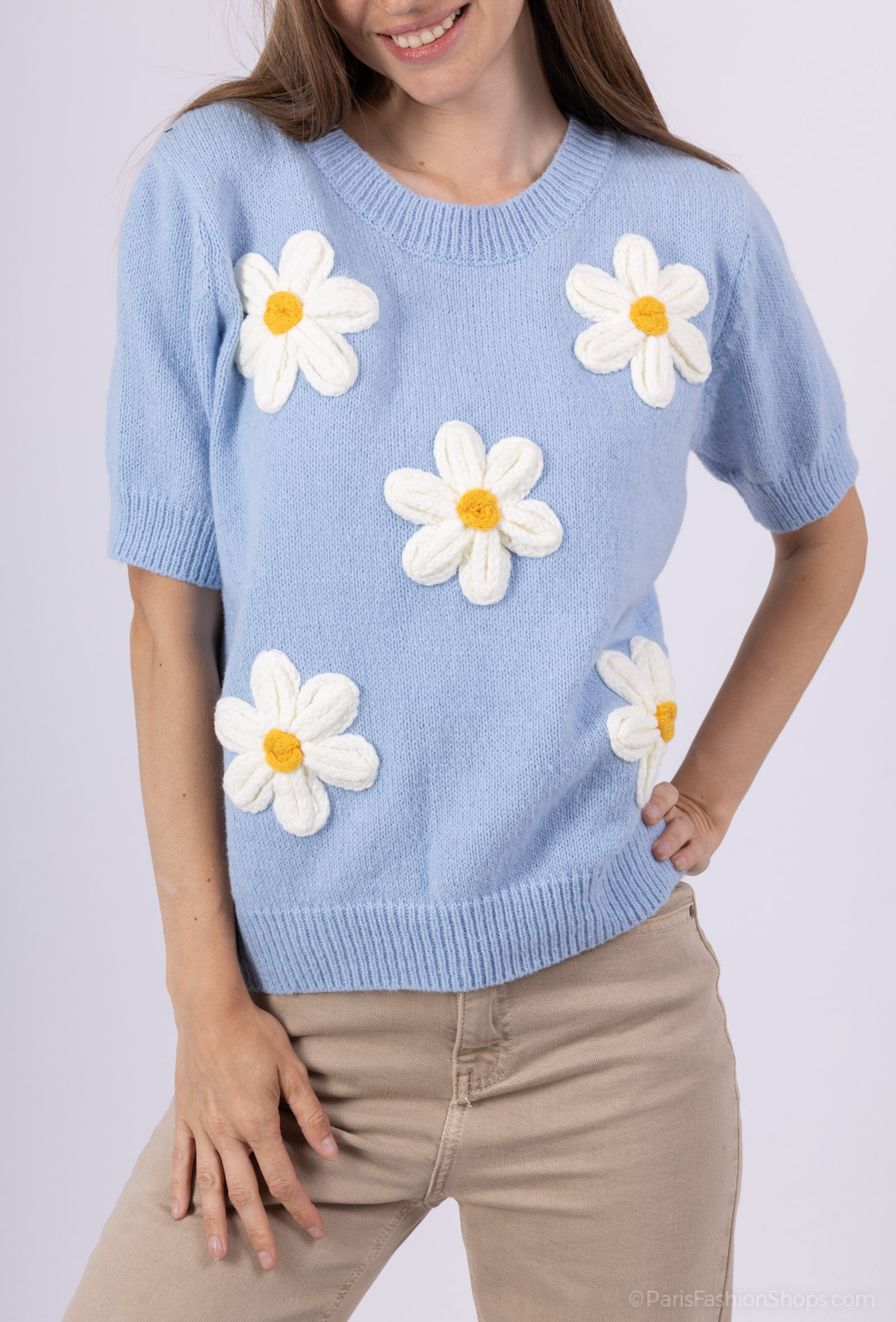 Grossiste LUZABELLE - PULL MARGUERITES DEMI MANCHES