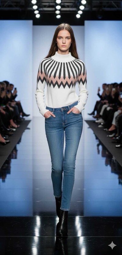 Grossiste LUZABELLE Paris - Pull bleu ciel à motif géométrique camel et blanc Grossiste LUZABELLE Paris - Pull bleu ciel à motif géométrique camel et blanc
