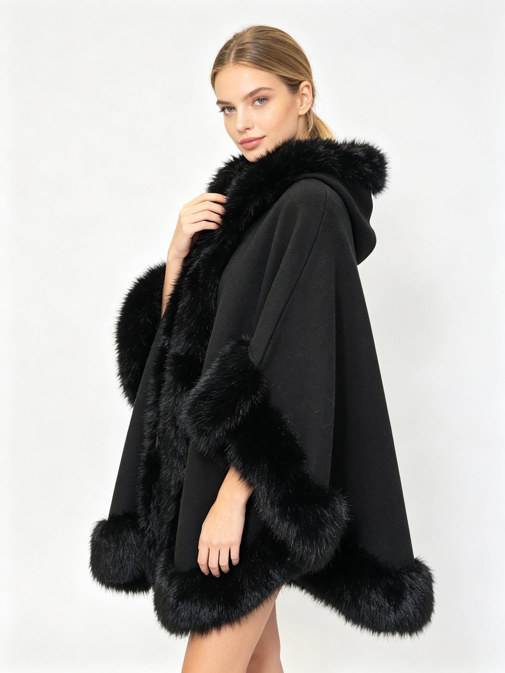 Grossista LX Moda - Mantella con cappuccio effetto pelliccia