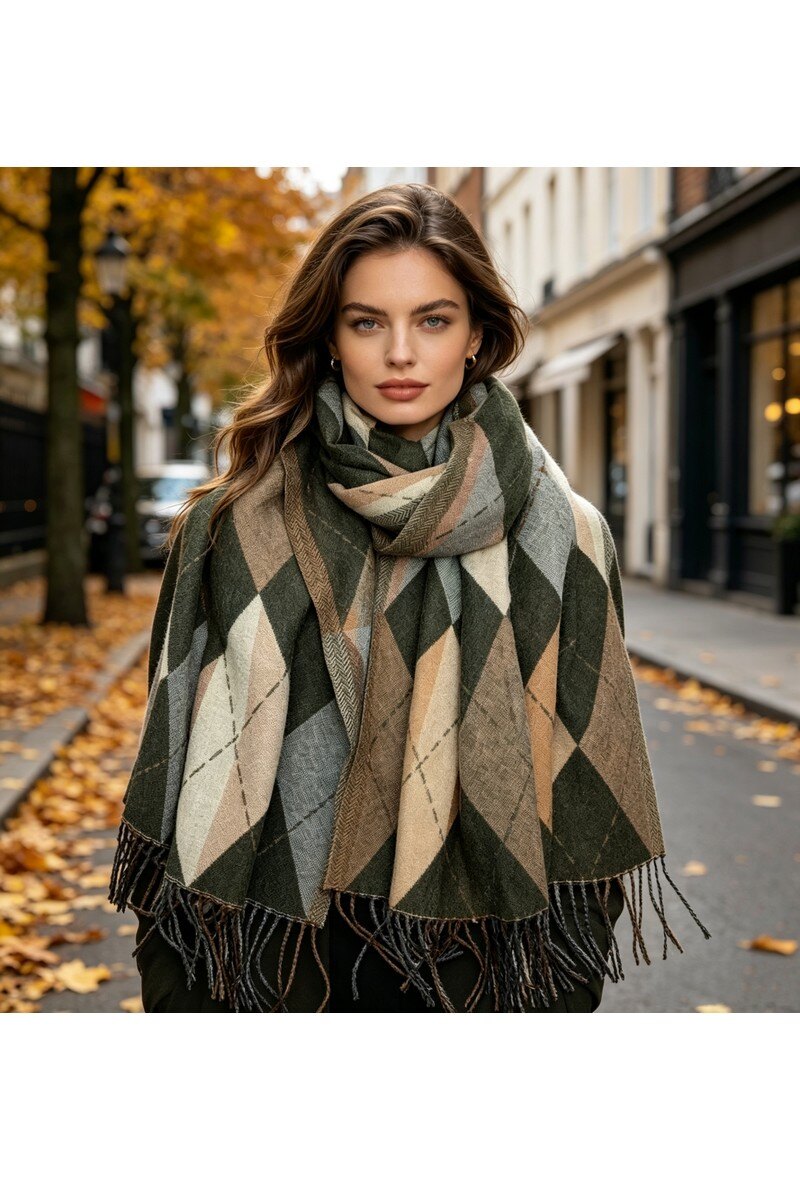 Mayorista LX Moda - Gran bufanda de mujer con grandes rombos y flecos