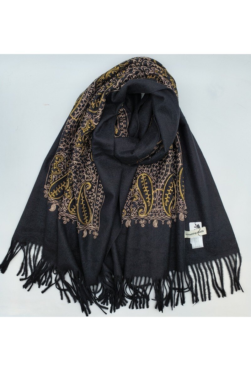Grossiste LX Moda - Grande écharpe femme à broderies cachemire et franges