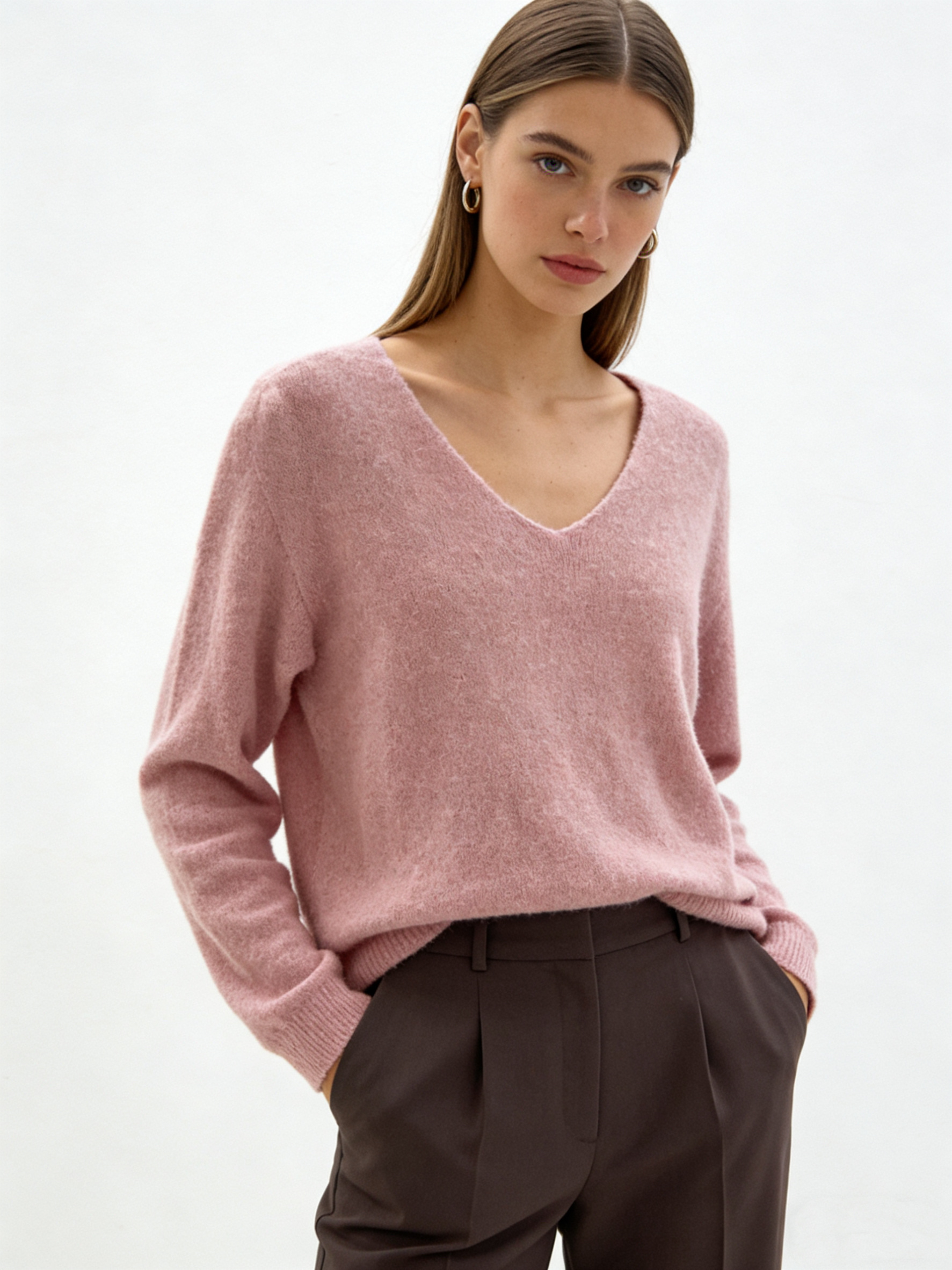 Grossista LYCHEE - Maglia a Maniche Lunghe con Scollo a V in Misto Alpaca