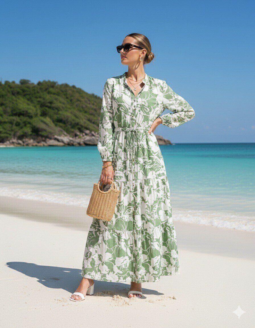 Grossista M&D FASHION - Abito stampato lungo con pizzo regolabile
