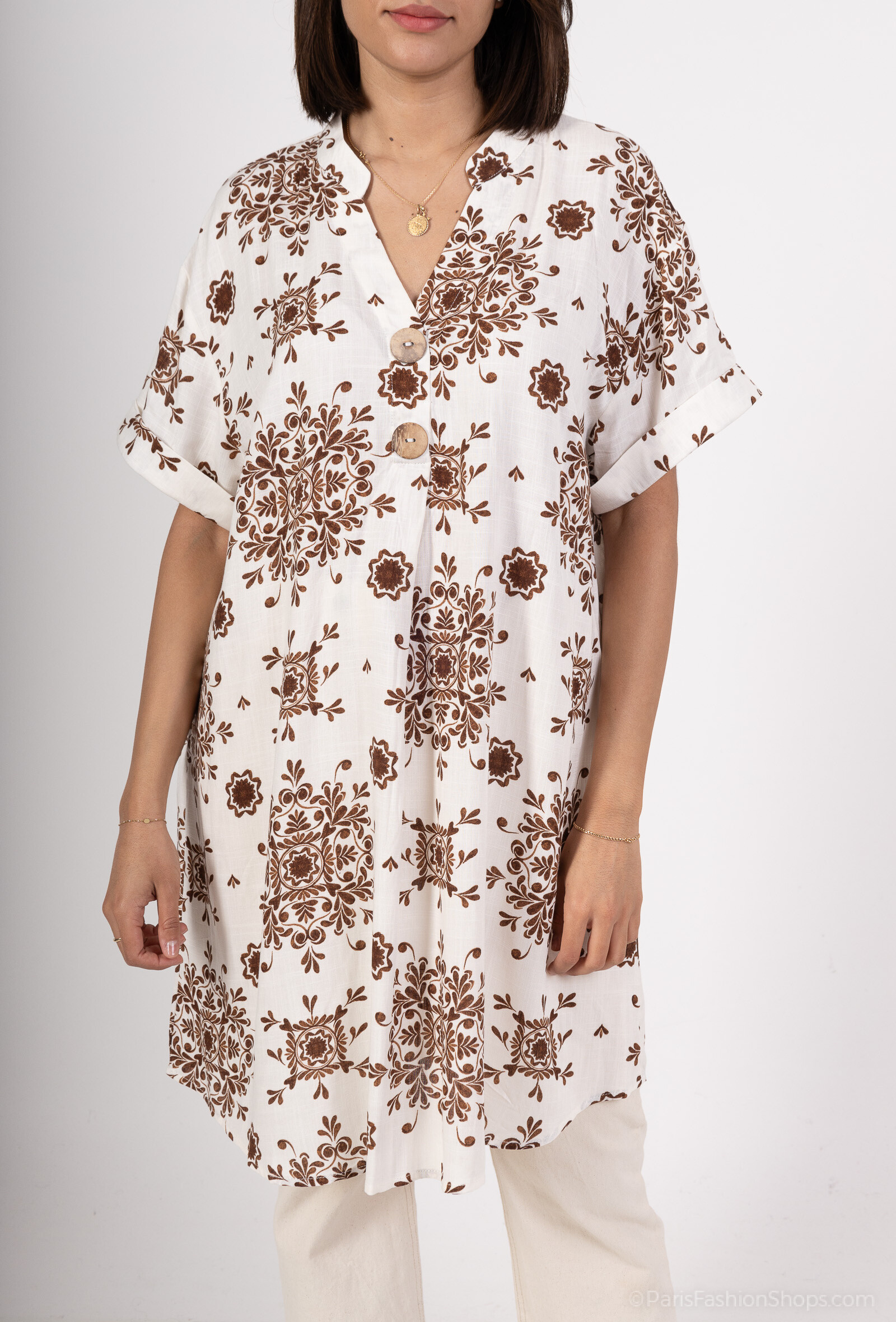 Wholesaler M&D FASHION - Long shirt with short sleeves with wood effect buttons