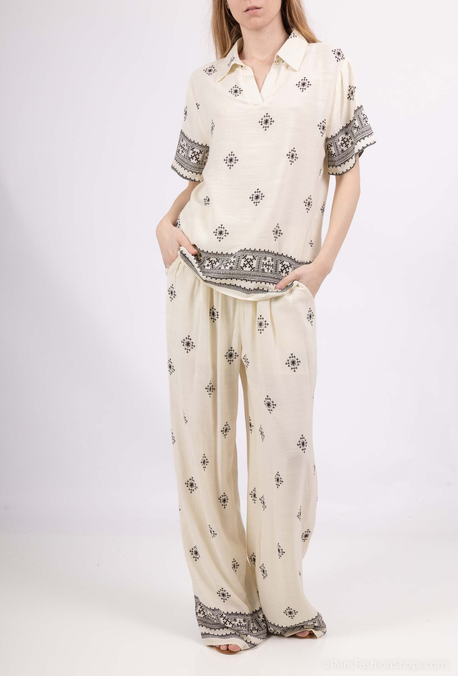 Grossiste M&D FASHION - Ensemble effet lin avec imprimé broderie et poches