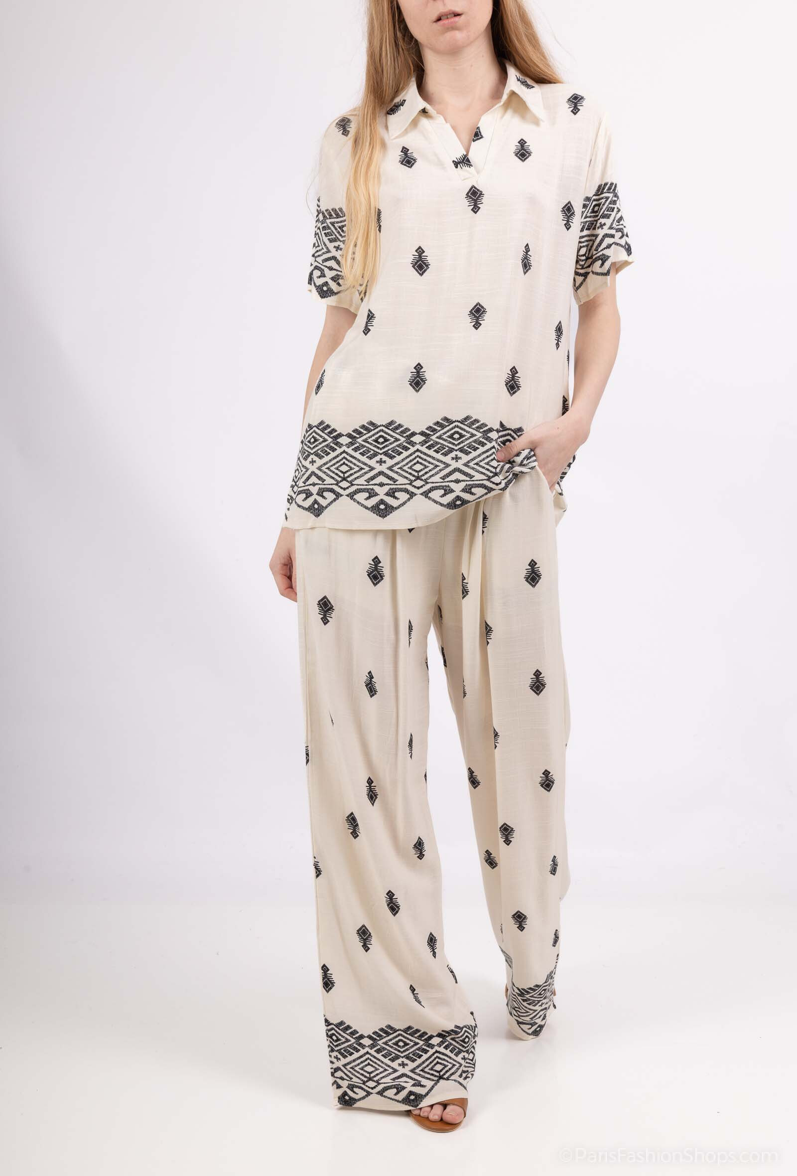 Grossiste M&D FASHION - Ensemble effet lin avec imprimé broderie et poches