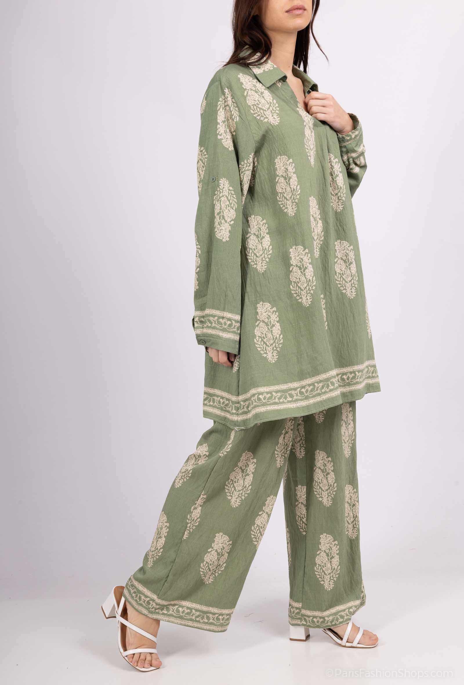 Grossiste M&D FASHION - Ensemble effet lin haut et pantalon avec poches imprimé fleuri