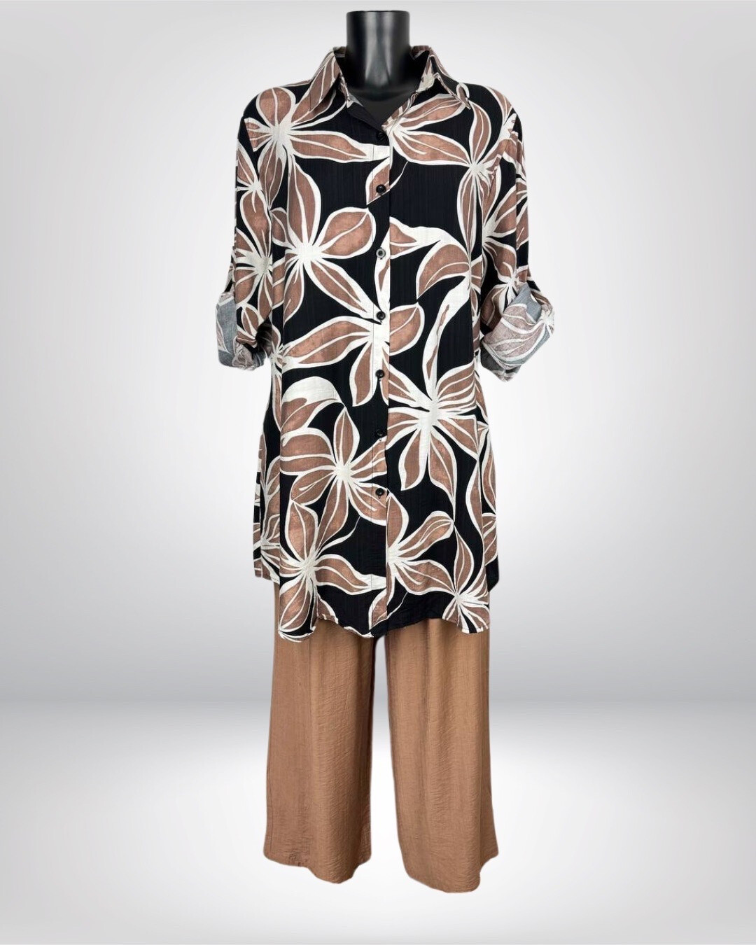 Grossista M&D FASHION - Set stampato di fiori e pantaloni semplici uniti