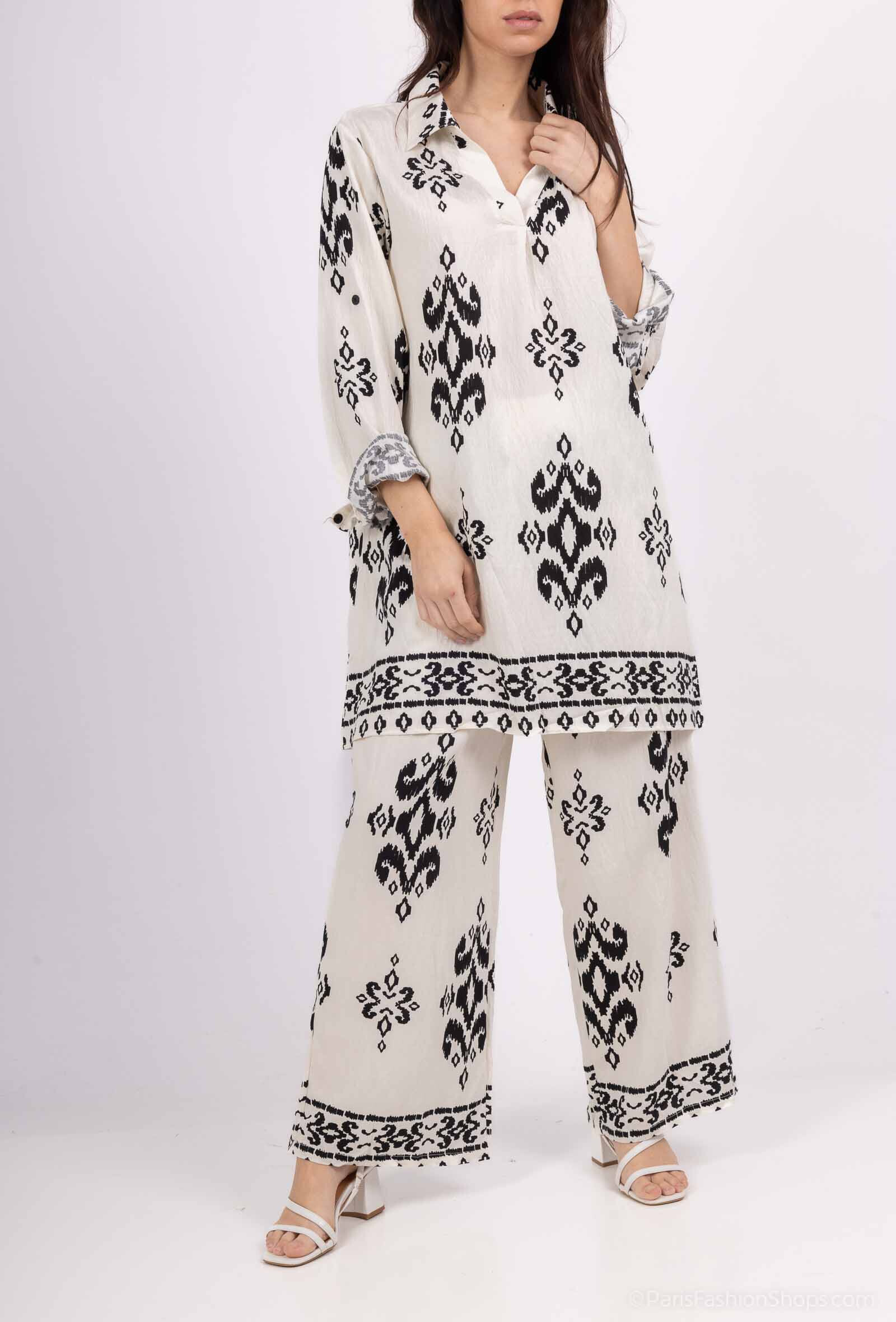 Grossiste M&D FASHION - Ensemble effet lin haut et pantalon avec poches imprimé fleuri