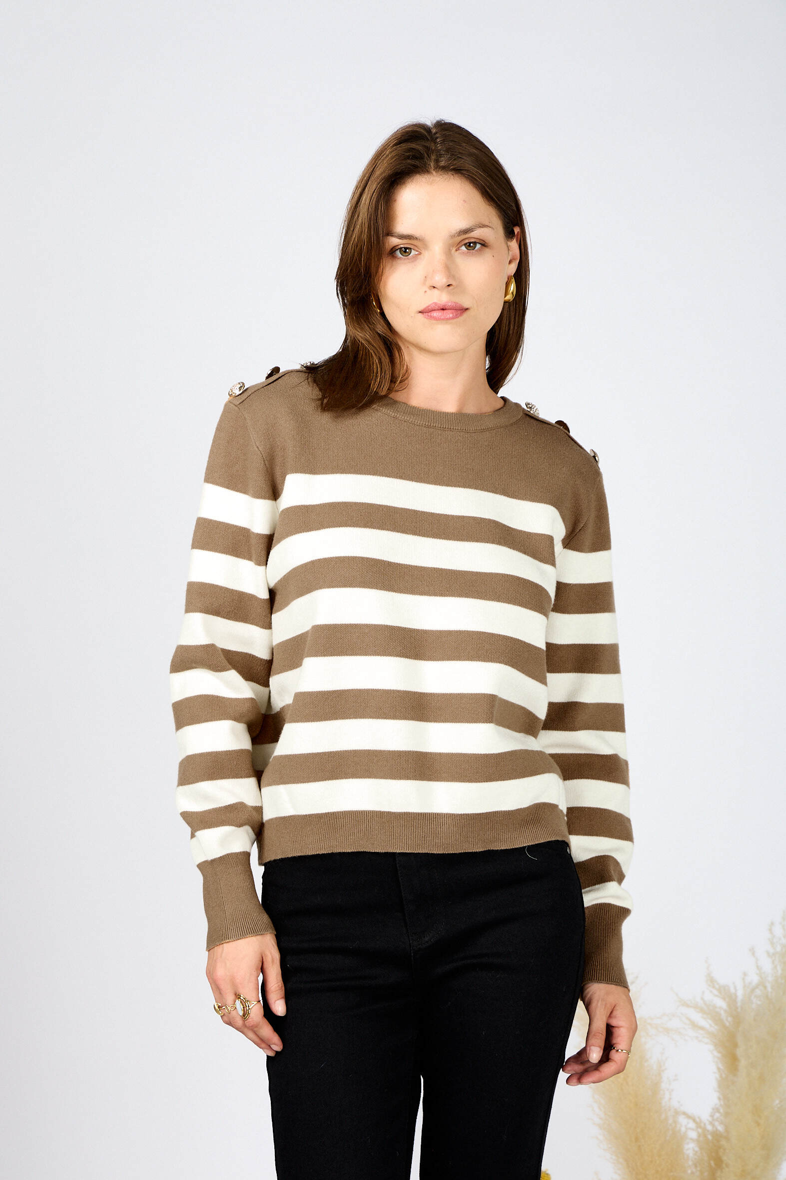 Mayorista M&D FASHION - Suéter de rayas con botones en el hombro para mujer