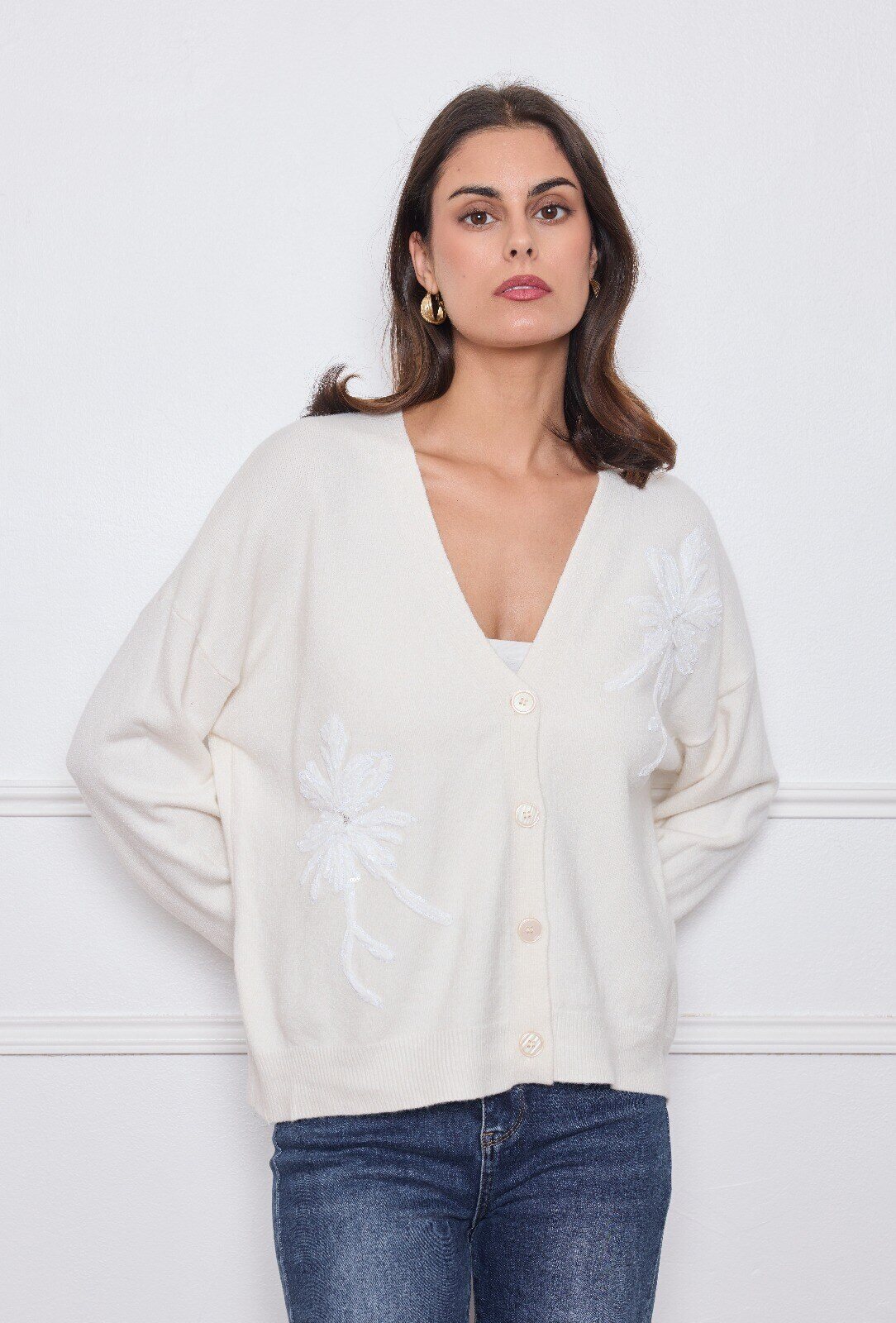Mayorista M&D FASHION - Cárdigan de punto con bordado floral y botones