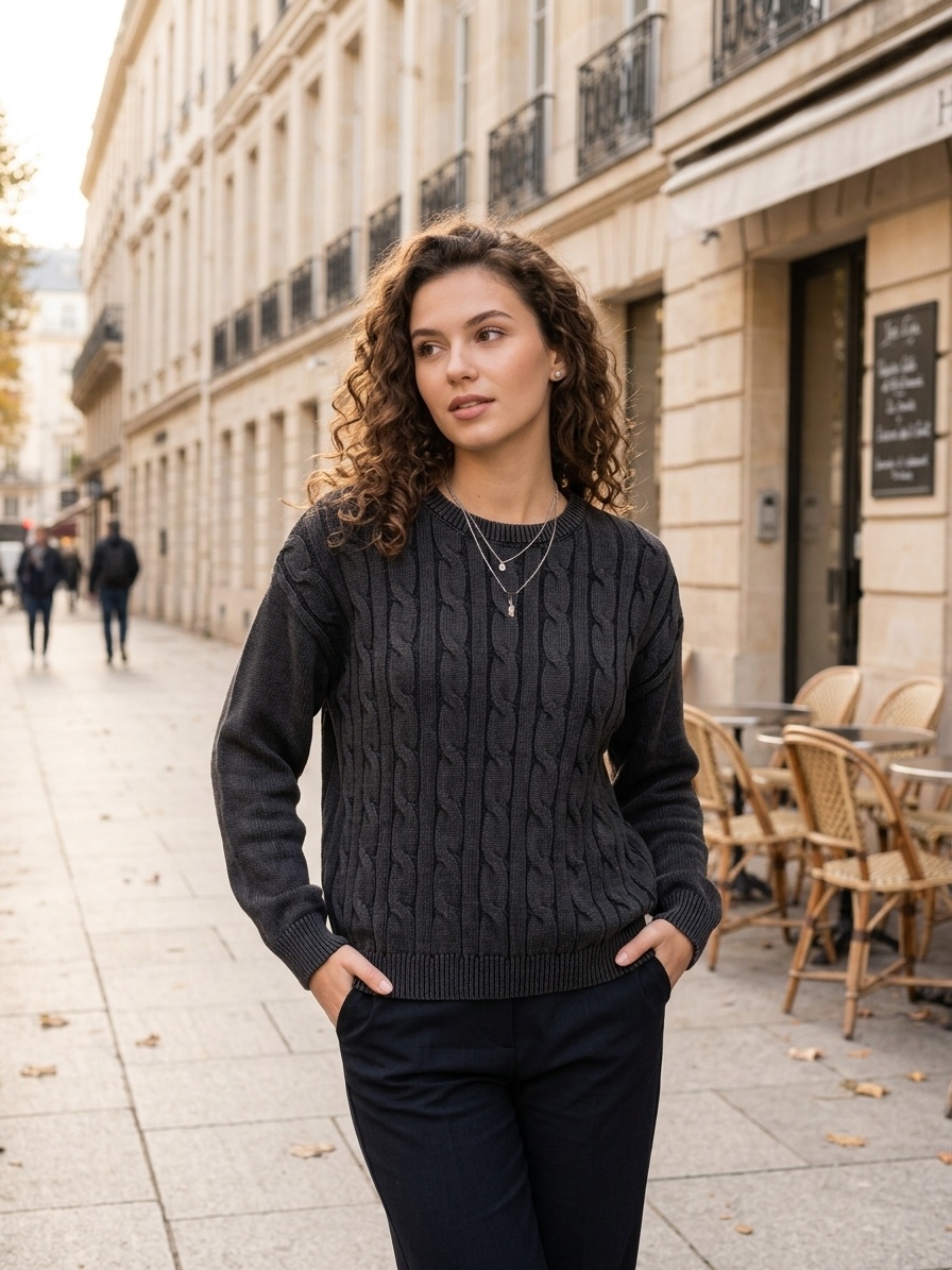 Grossiste M&D FASHION - Pull délavé col V en maille torsadée - idéal pour le printemps