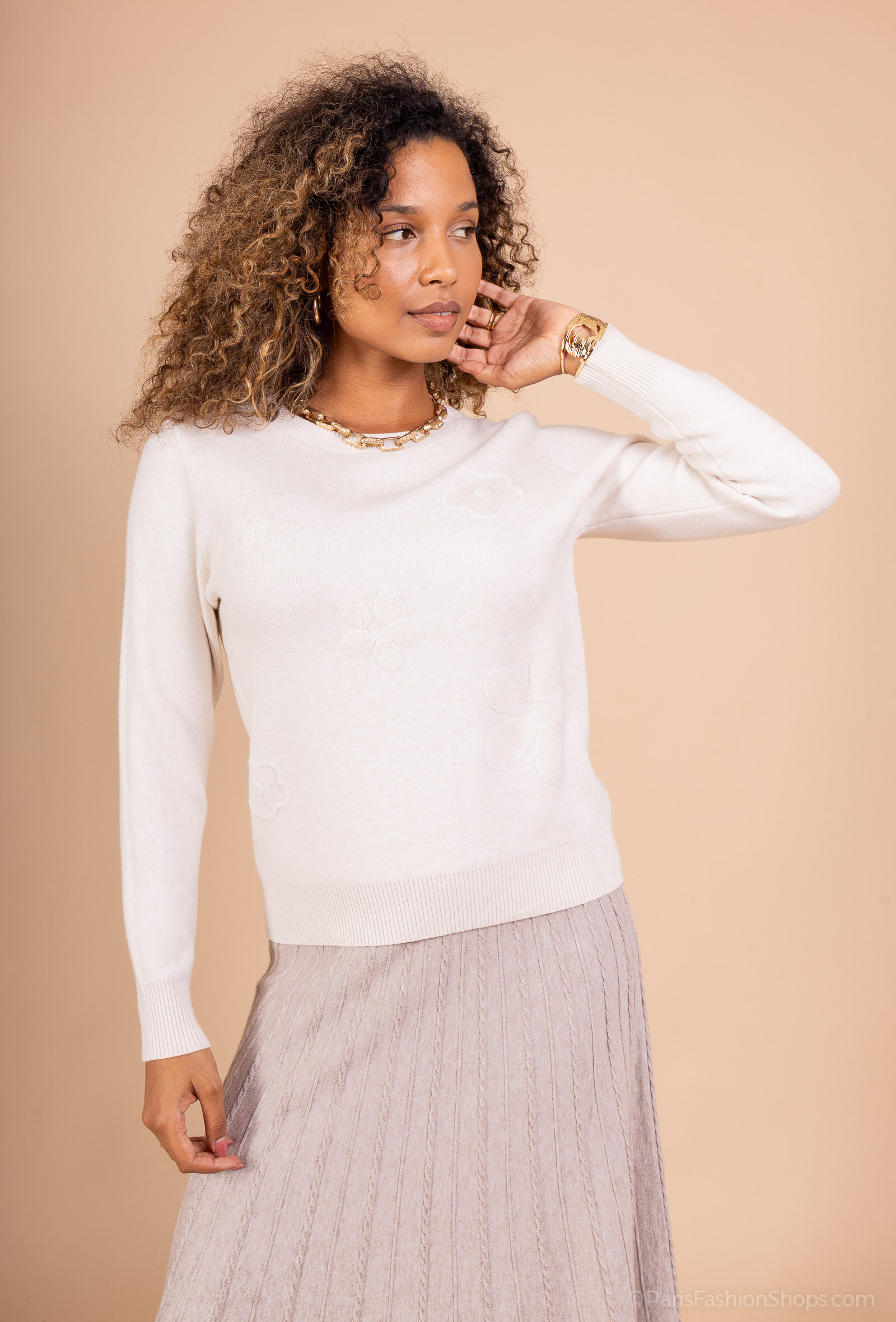 Maglione a maniche lunghe con motivi floreali in rilievo alla moda | Paris Fashion Shops