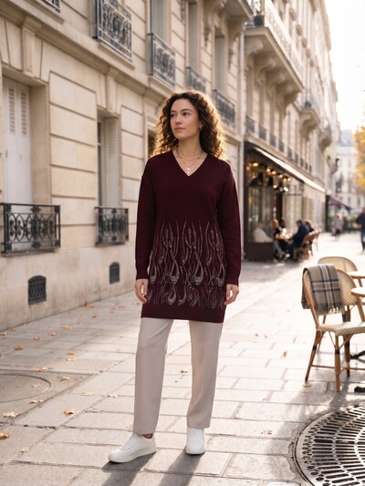 Großhändler M&D FASHION - Langer V-Ausschnitt Pullover mit Pailletten-Details Großhändler M&D FASHION - Langer V-Ausschnitt Pullover mit Pailletten-Details