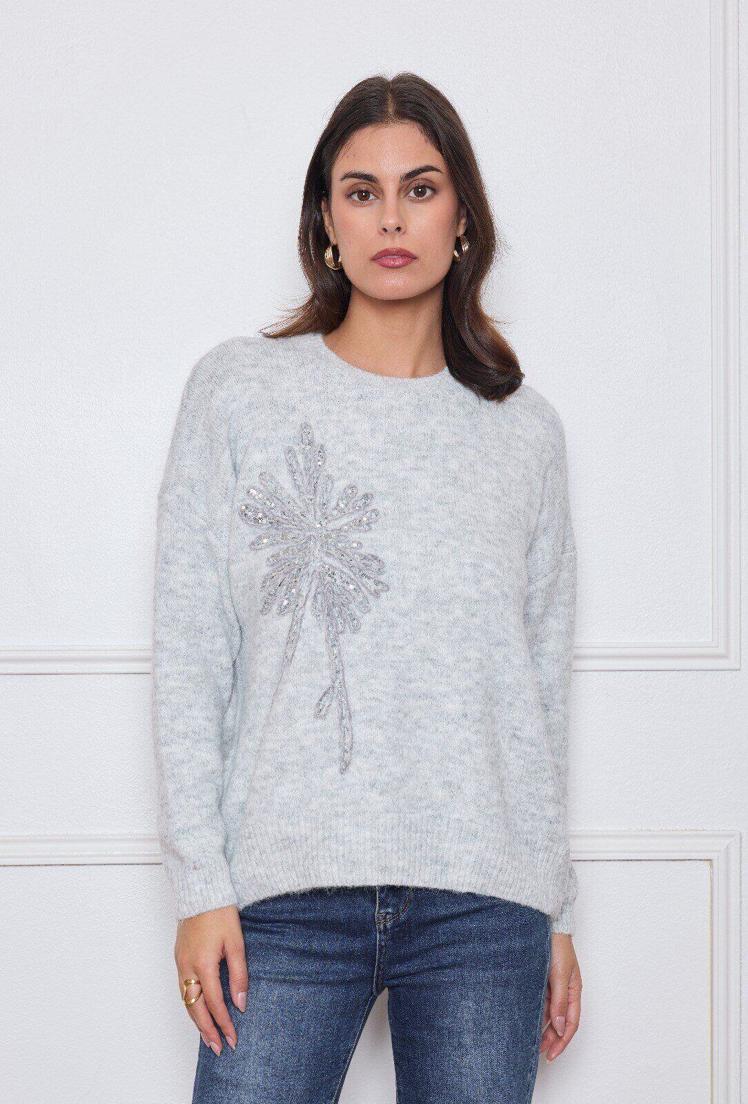 Grossiste M&D FASHION - Pull en laine épais avec broderie fleur pailletée