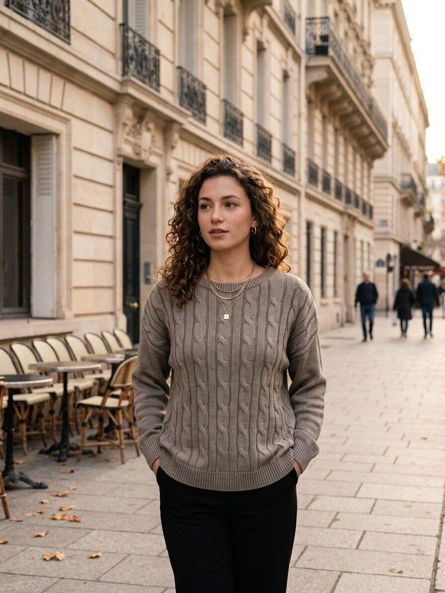 Grossiste M&D FASHION - Pull torsadé col rond effet jean délavé - idéal pour le printemps