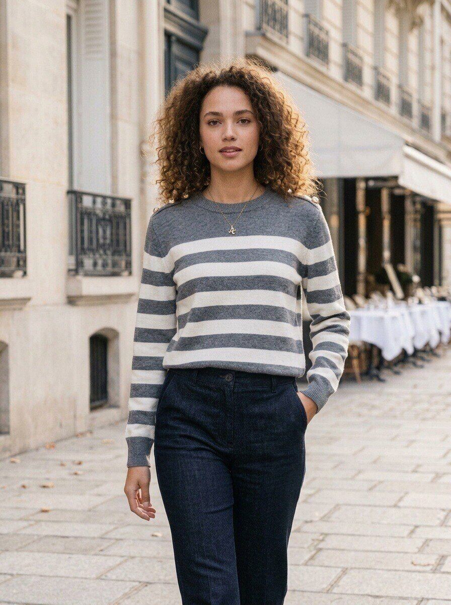 Grossista M&D FASHION - Maglione a righe con bottoni sulla spalla da donna
