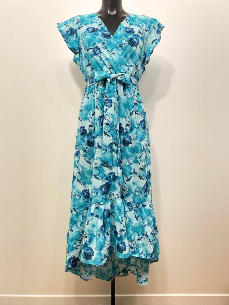 Grossista M&D FASHION - Abito lungo asimmetrico con stampa acquerello e maniche corte