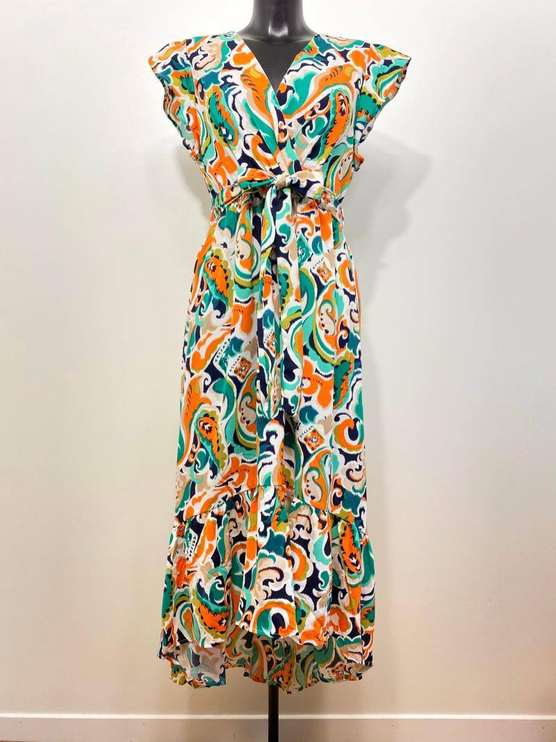 Grossiste M&D FASHION - Robe longue asymétrique à imprimé fleuri et manches courtes