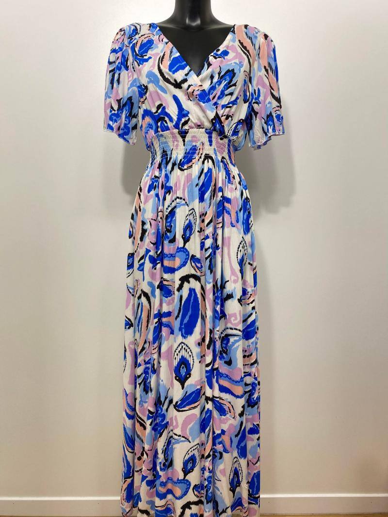 Großhändler M&D FASHION - Langes Wickelkleid mit V-Ausschnitt vorne und hinten