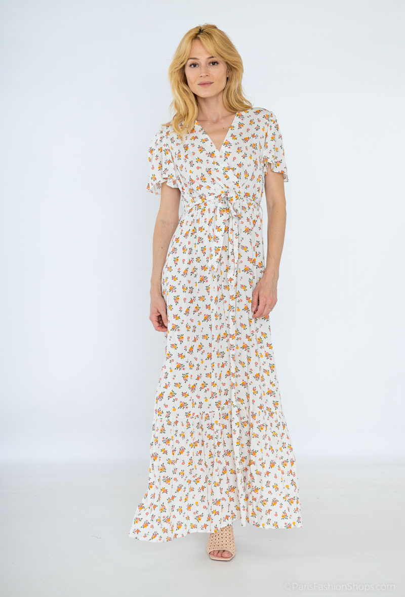 Grossiste M&D FASHION - Robe longue fleurie cache-cœur avec manches courtes