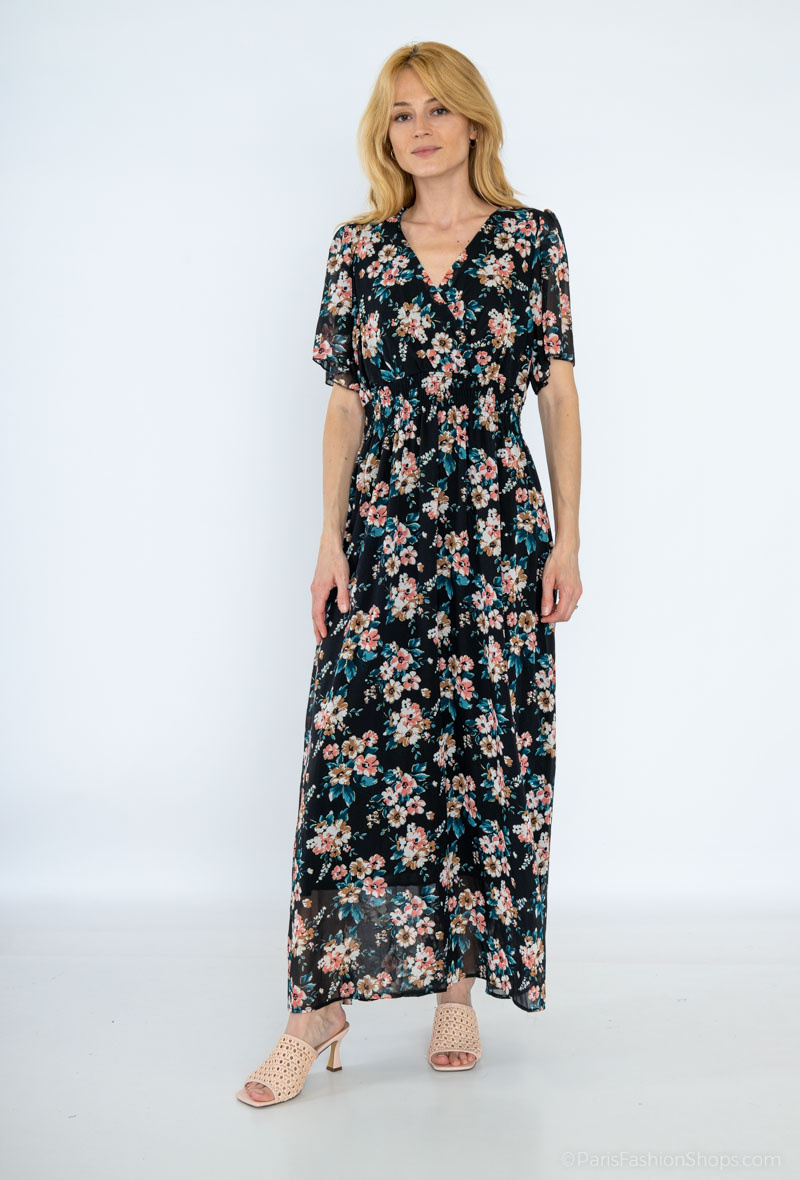 Grossista M&D FASHION - Abito avvolgente lungo con stampa floreale e schiena foderata