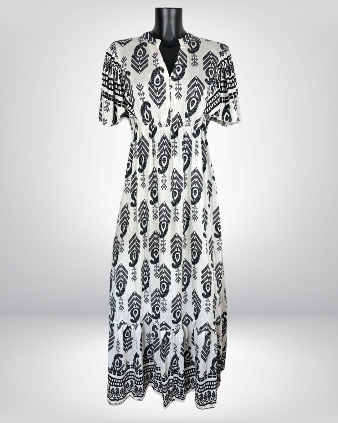 Wholesaler M&D FASHION - Long printed dress Linen Effect Fended Collar Sleeve butterfly