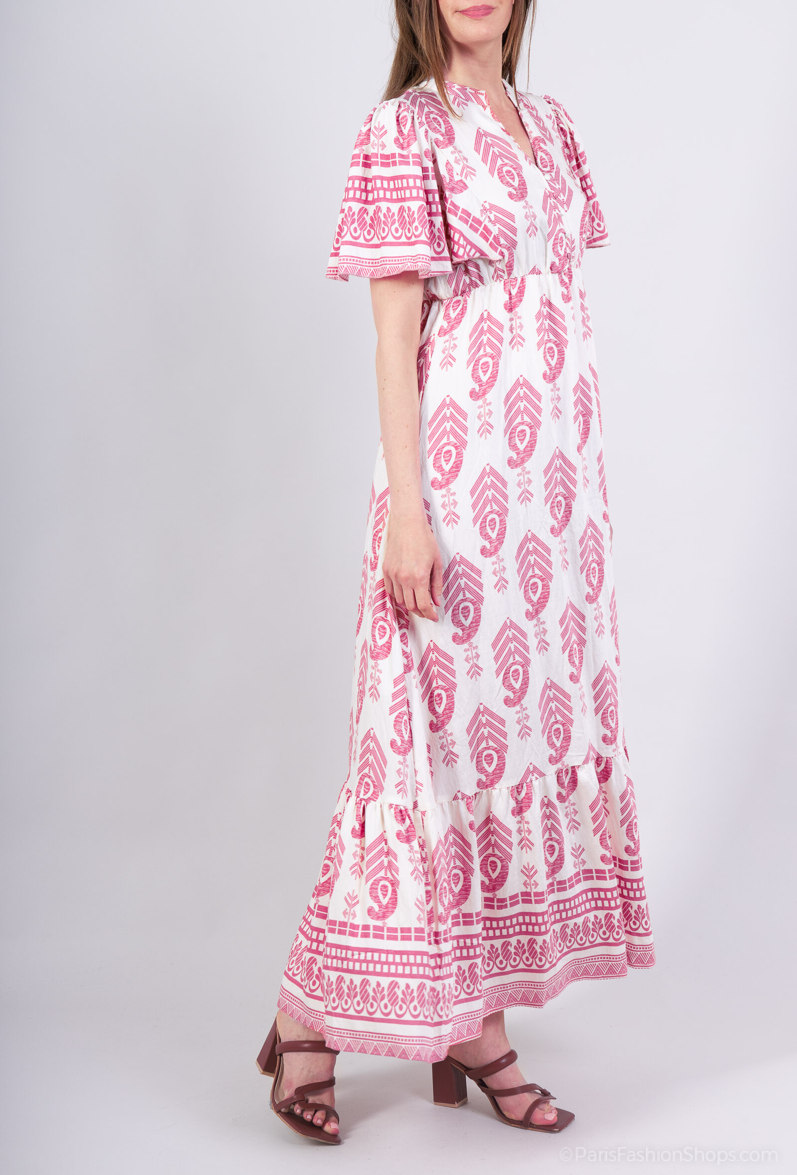 Grossiste M&D FASHION - Robe longue imprimée effet lin col fendu manches papillon