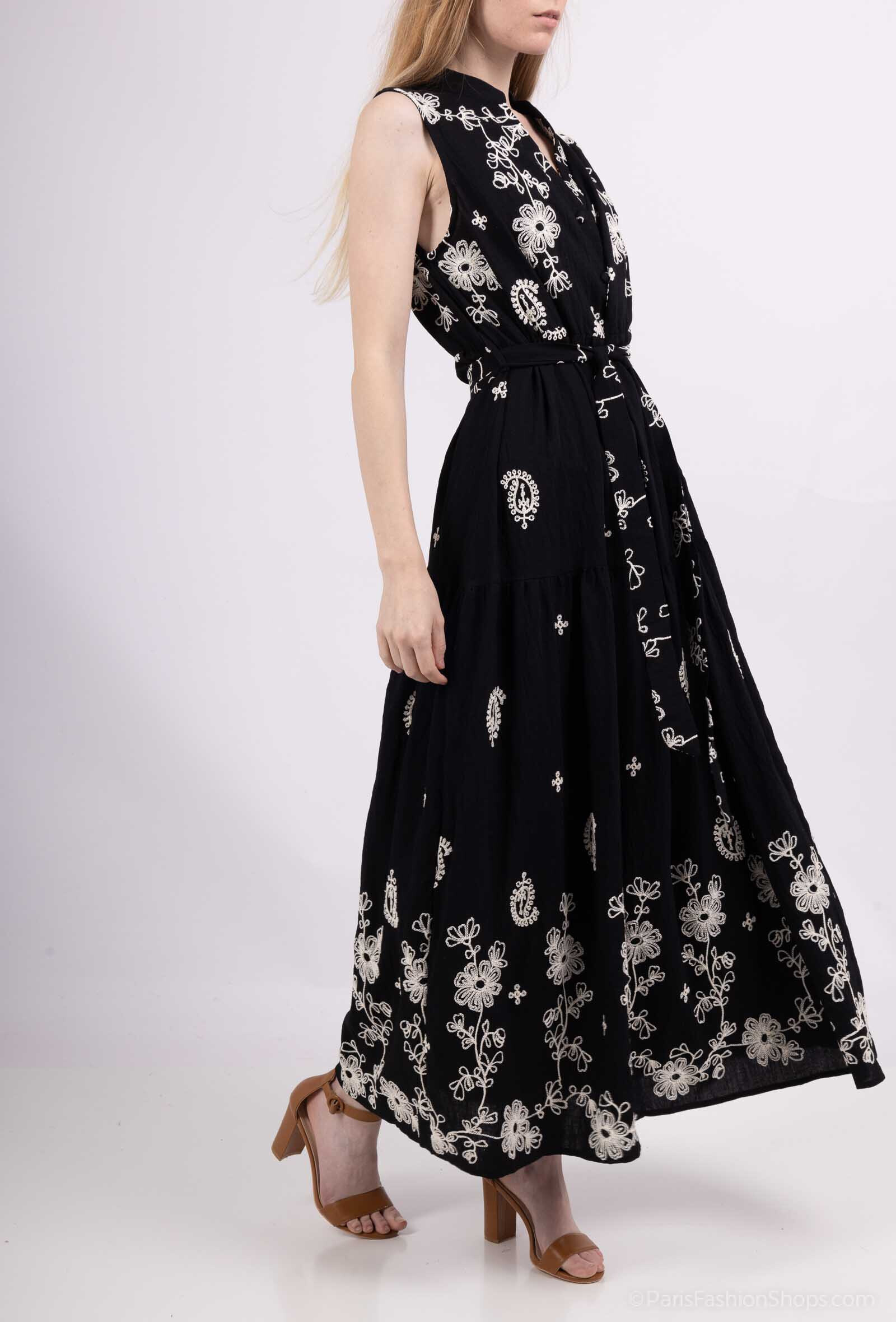 Grossiste M&D FASHION - Robe longue effet lin sans manches avec broderie
