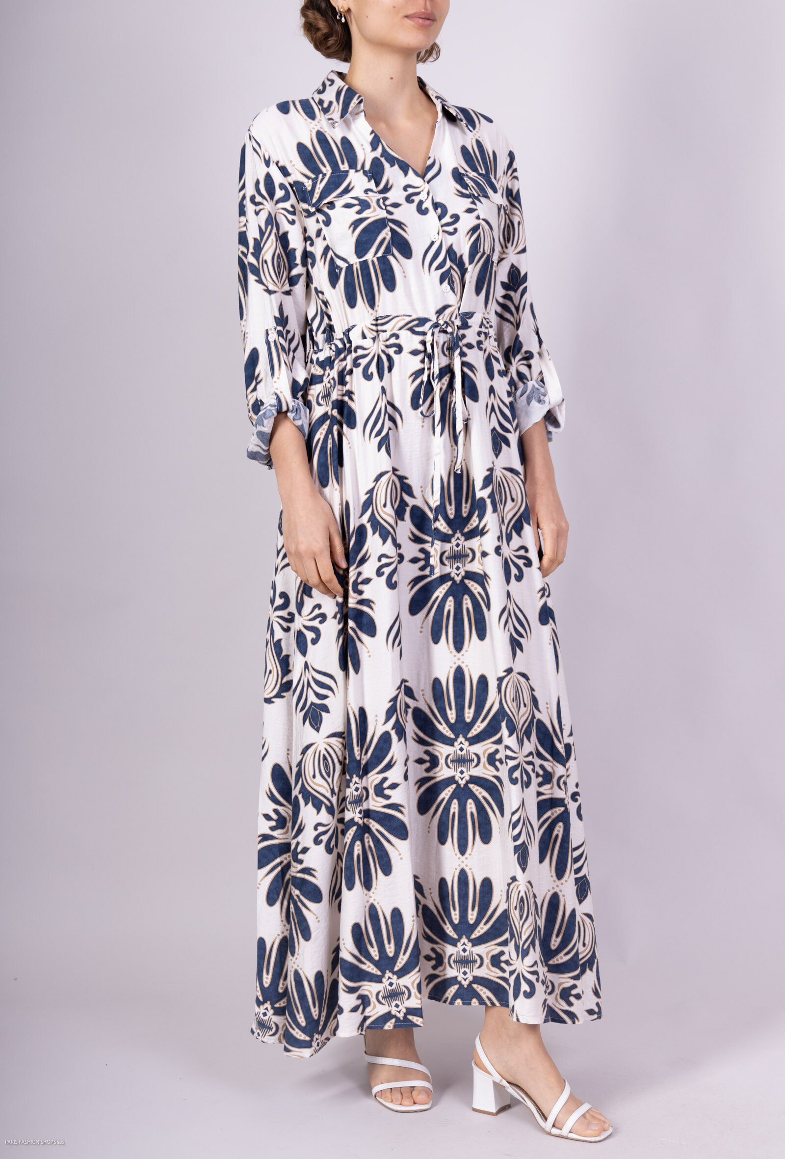 Wholesaler M&D FASHION - Long shirt dress printed foliage with flax effect belt