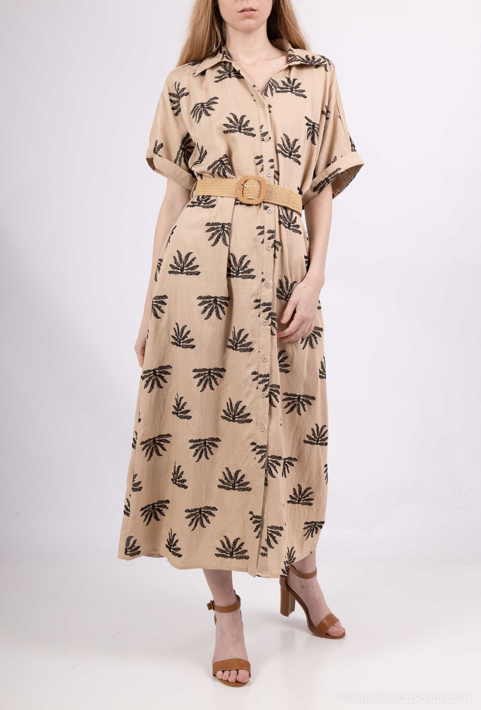 Wholesaler M&D FASHION - Long linen shirt dress with embroidery and belt included