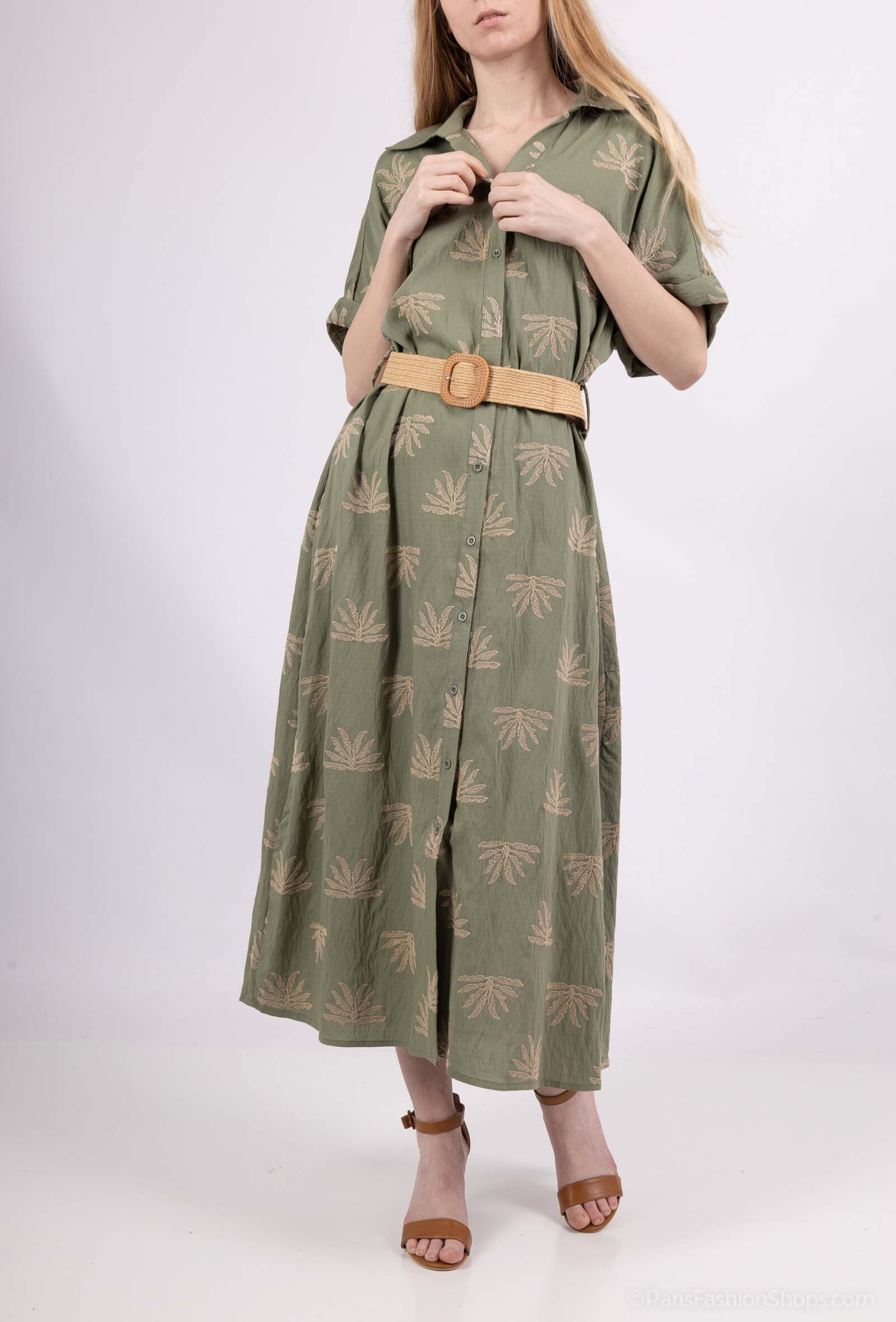 Grossiste M&D FASHION - Robe chemise longue effet lin avec broderie et ceinture incluse