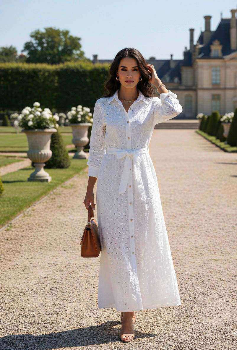 Grossiste M&D FASHION - Robe Longue Chemise en Broderie Anglaise