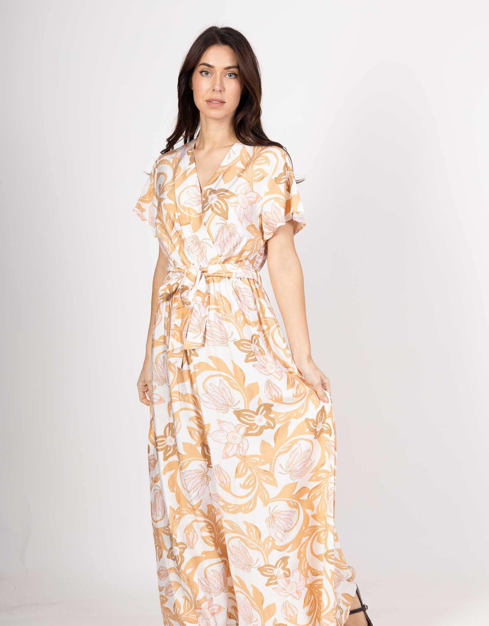 Wholesaler M&D FASHION - Long linen effect short sleeve dress with belt