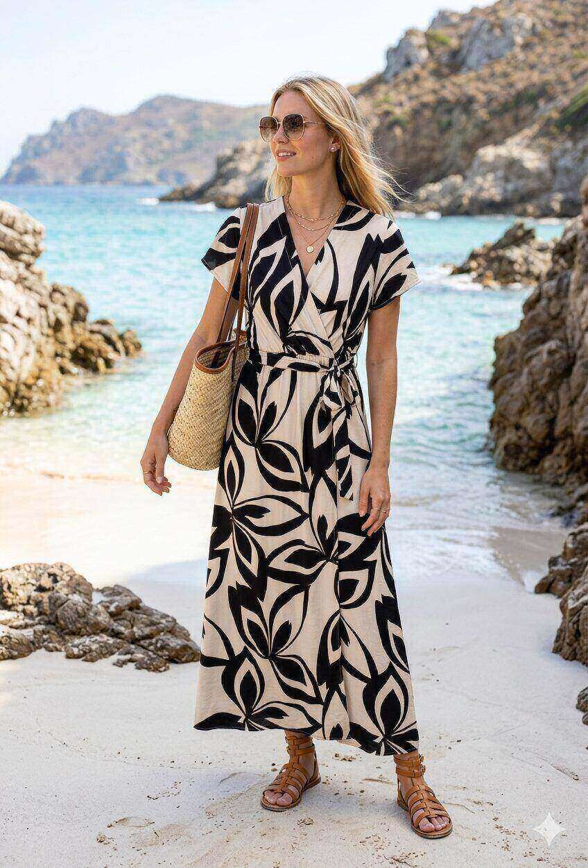 Grossista M&D FASHION - Abito lungo a maniche corte in lino con cintura