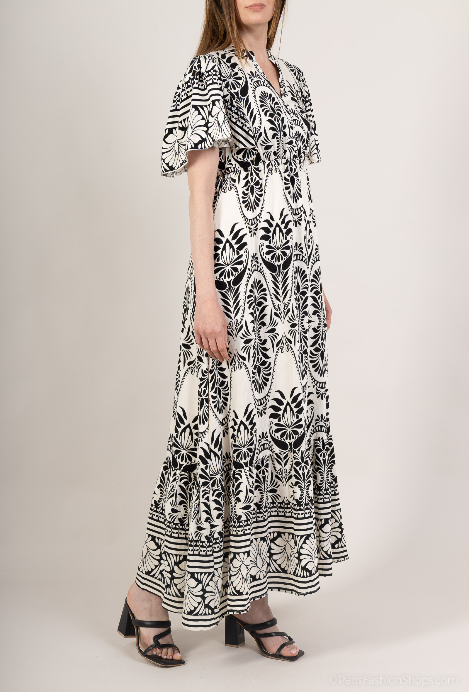Wholesaler M&D FASHION - Long printed dress Linen effect with butterfly sleeves