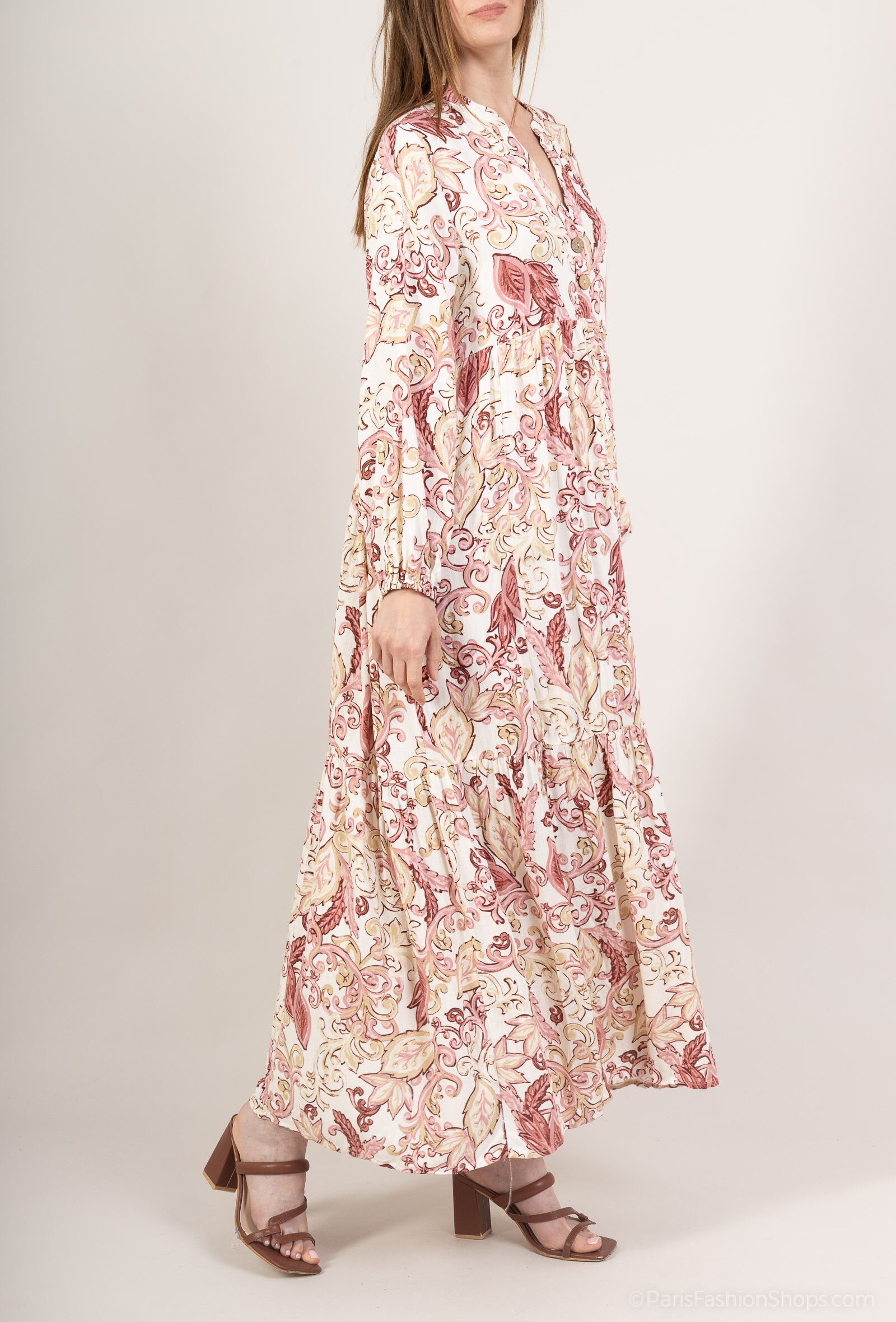 Großhändler M&D FASHION - Lang -Effect -Leinenkleid gedrucktes Laub und Holzeffektknöpfe