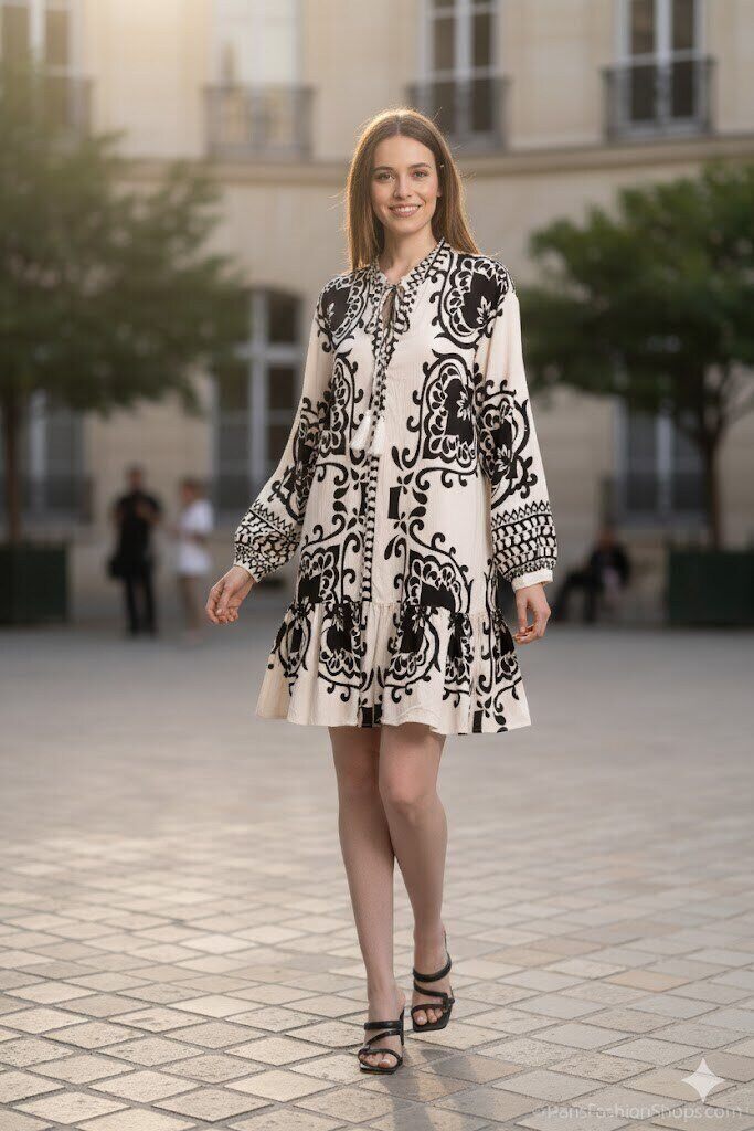 Großhändler M&D FASHION - Böhmische ausgestellte Tunika mit Ethno-Print und Quastendetails