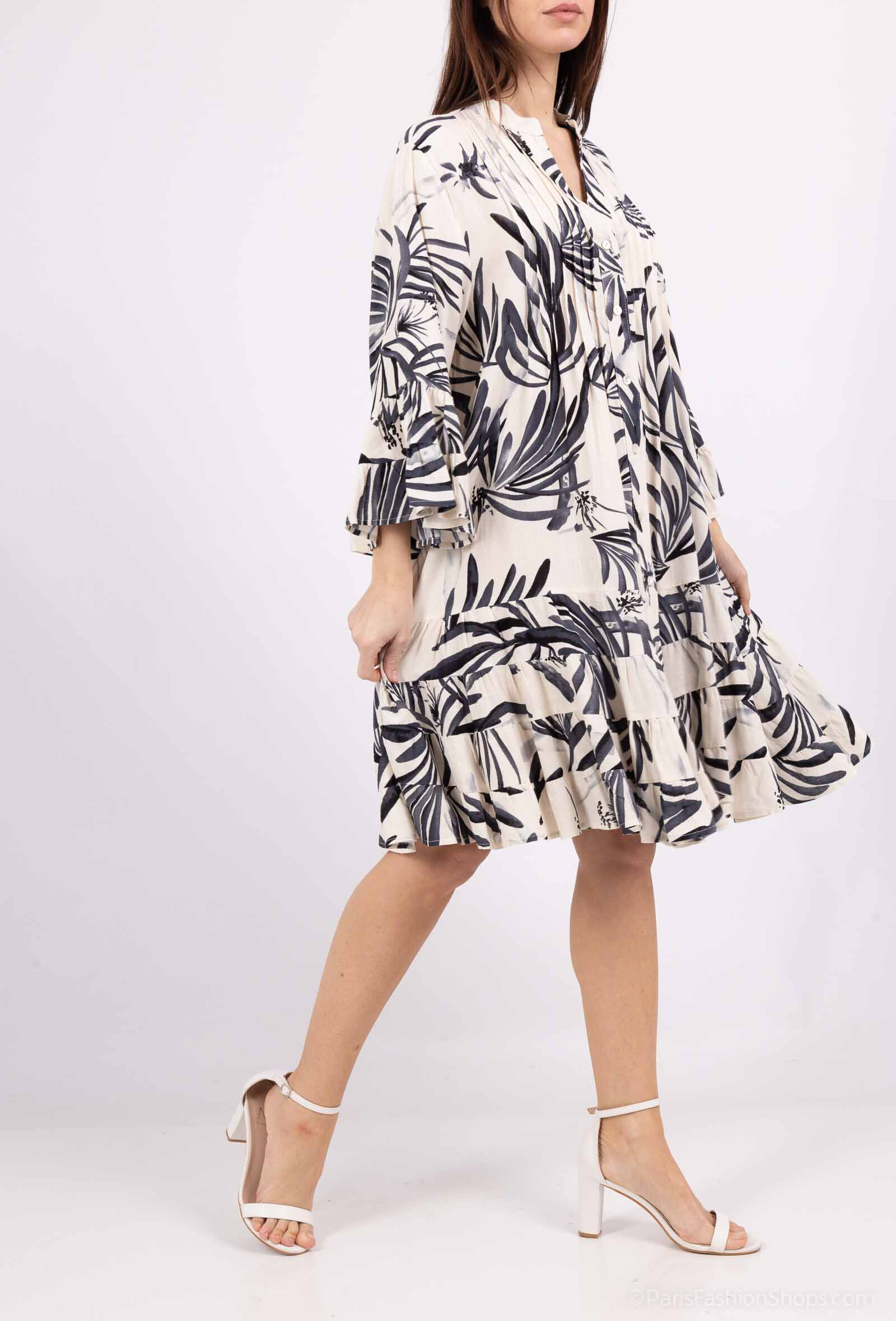 Wholesaler M&D FASHION - Short linen dress with pleating and ruffles
