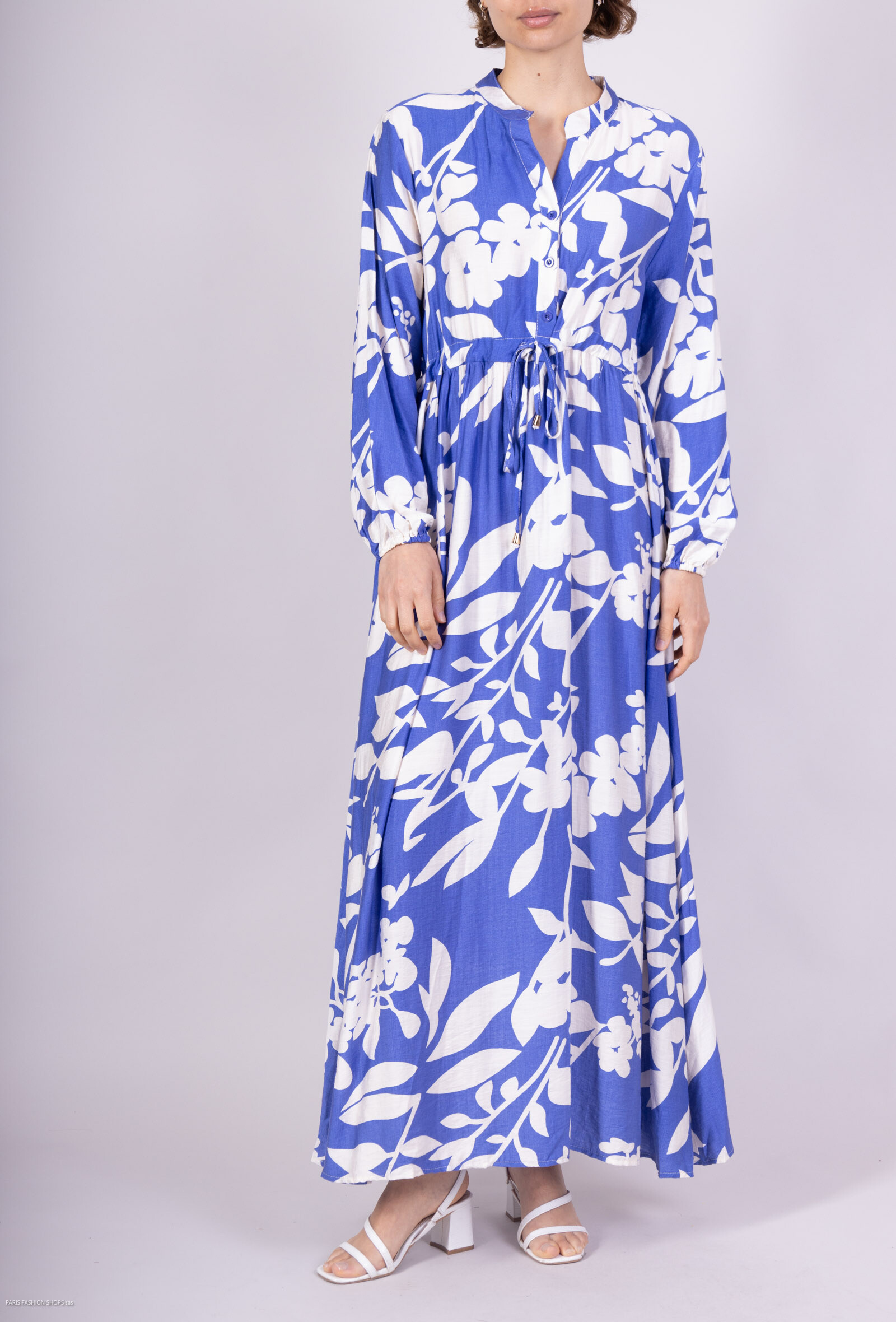 Wholesaler M&D FASHION - Long printed fluid dress foliage with tie link