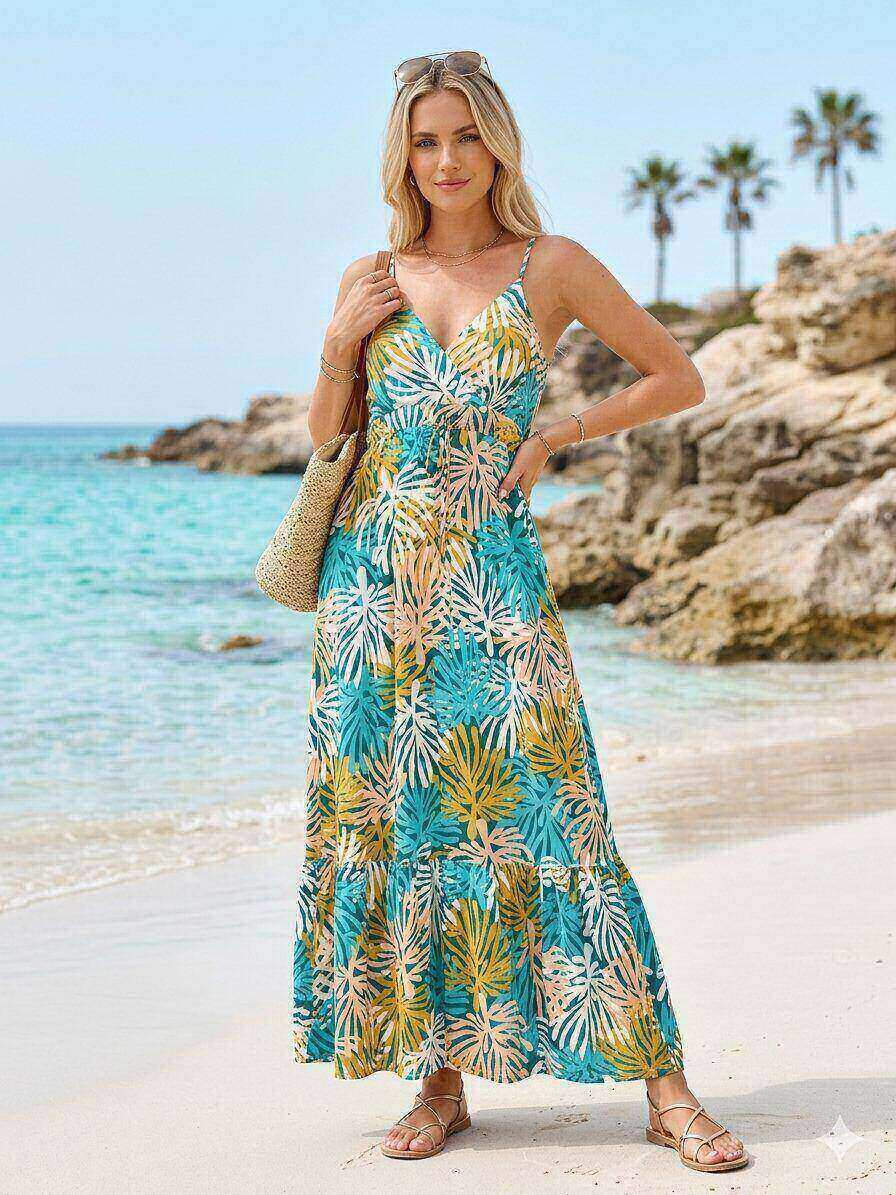Grossista M&D FASHION - Abito lungo stampato tropicale con spalline sottili
