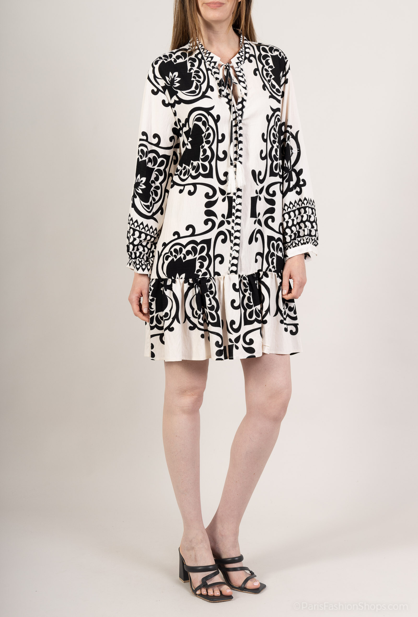 Großhändler M&D FASHION - Kurzer Tunika -Leineneffekt Bohemian Print Sleeve Rollted