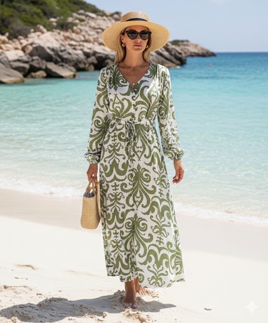 Wholesaler M&D FASHION - Long pleated linen dress with floral print and adjustable cord