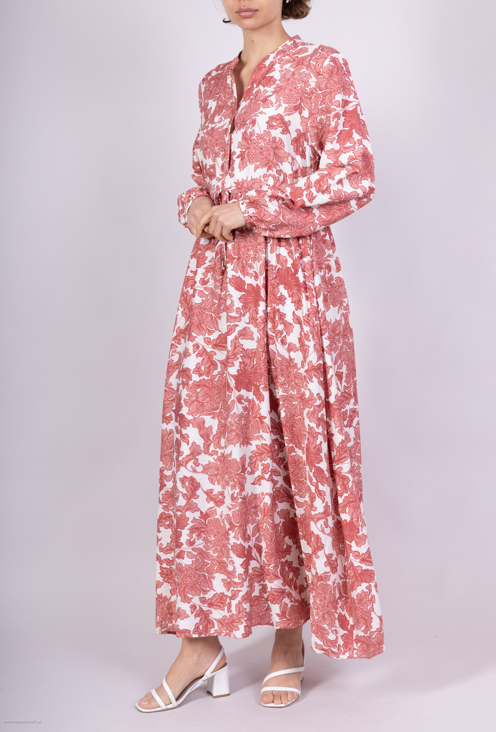 Wholesaler M&D FASHION - Long printed dress Tunisian collar foliage and knotted waist