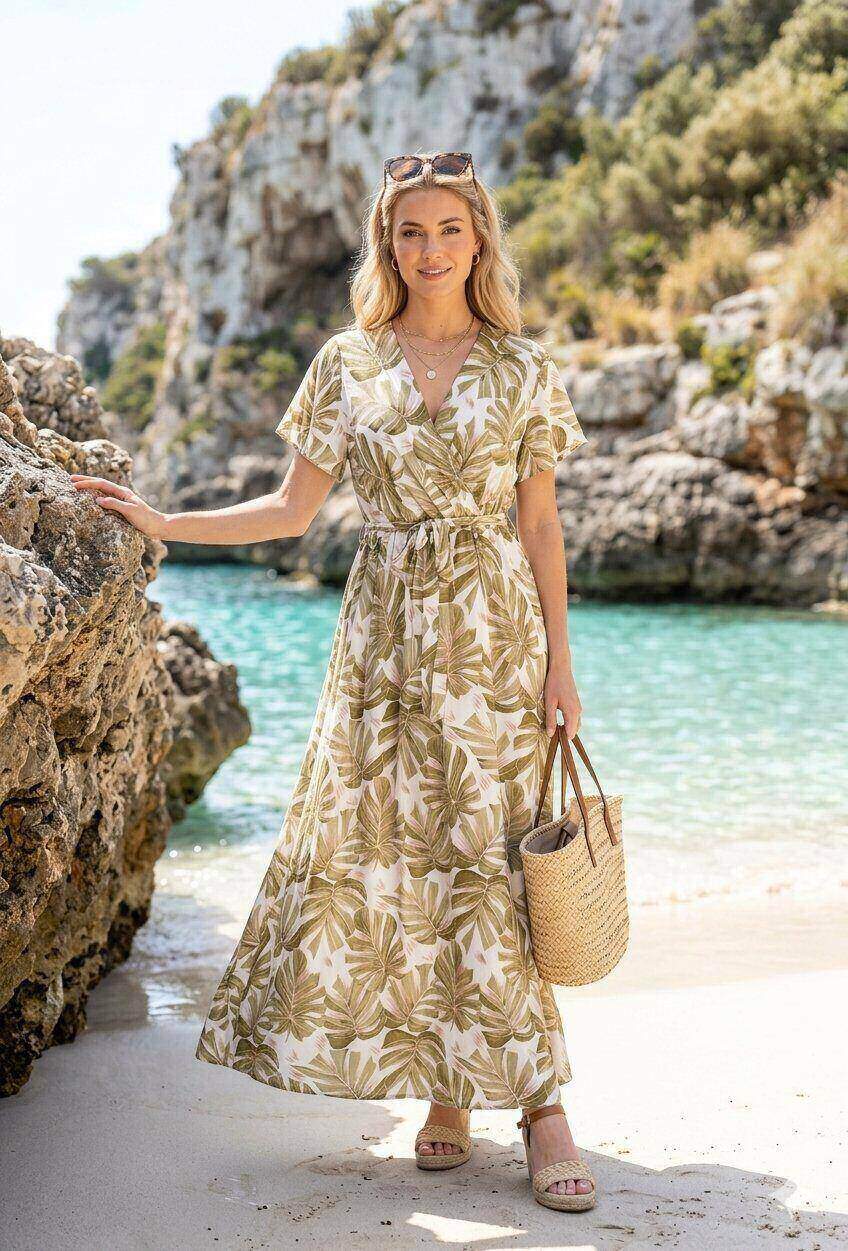 Grossiste M&D FASHION - Robe longue effet lin manches courtes avec ceinture