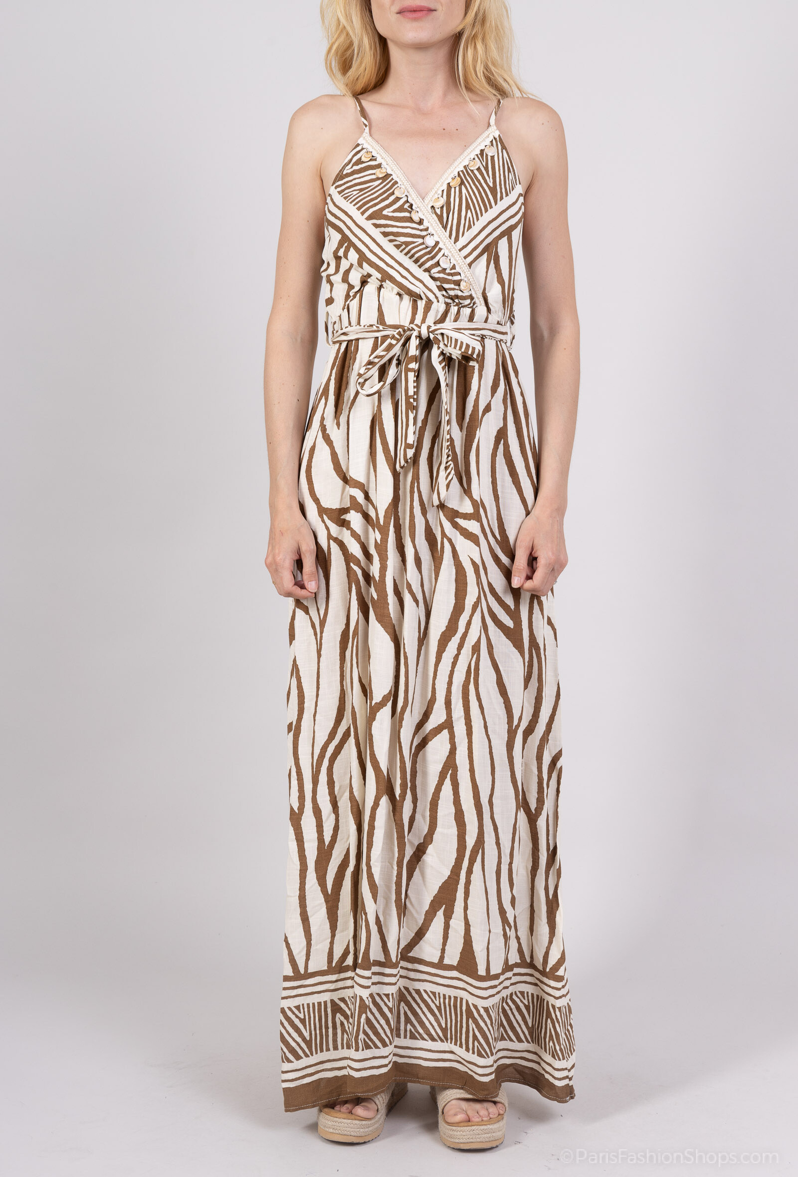 Grossista M&D FASHION - Abito a effetto di lino con stampa zebra e conchiglie