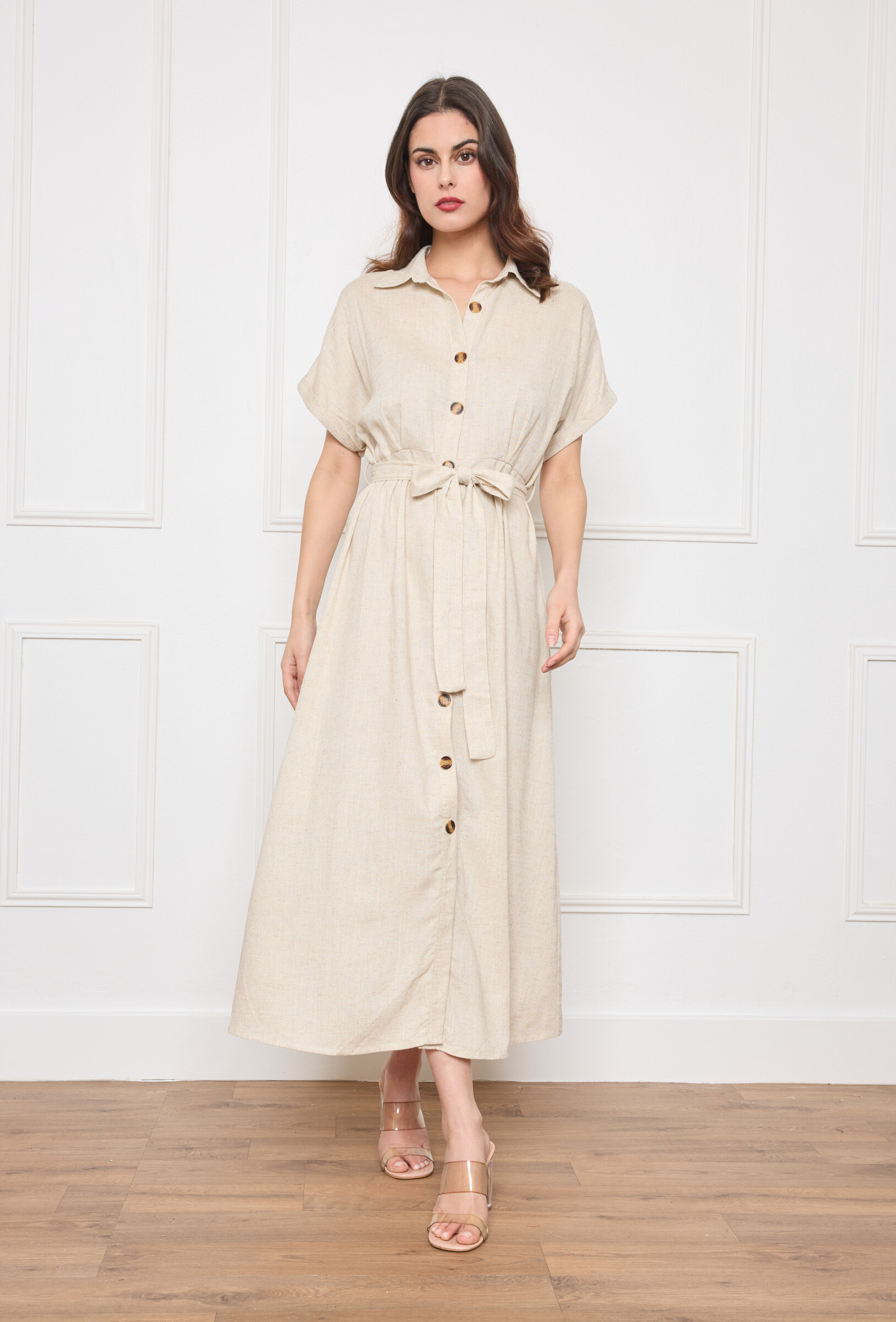 Wholesaler M&D FASHION - Flax dress with elastic back and full buttoning