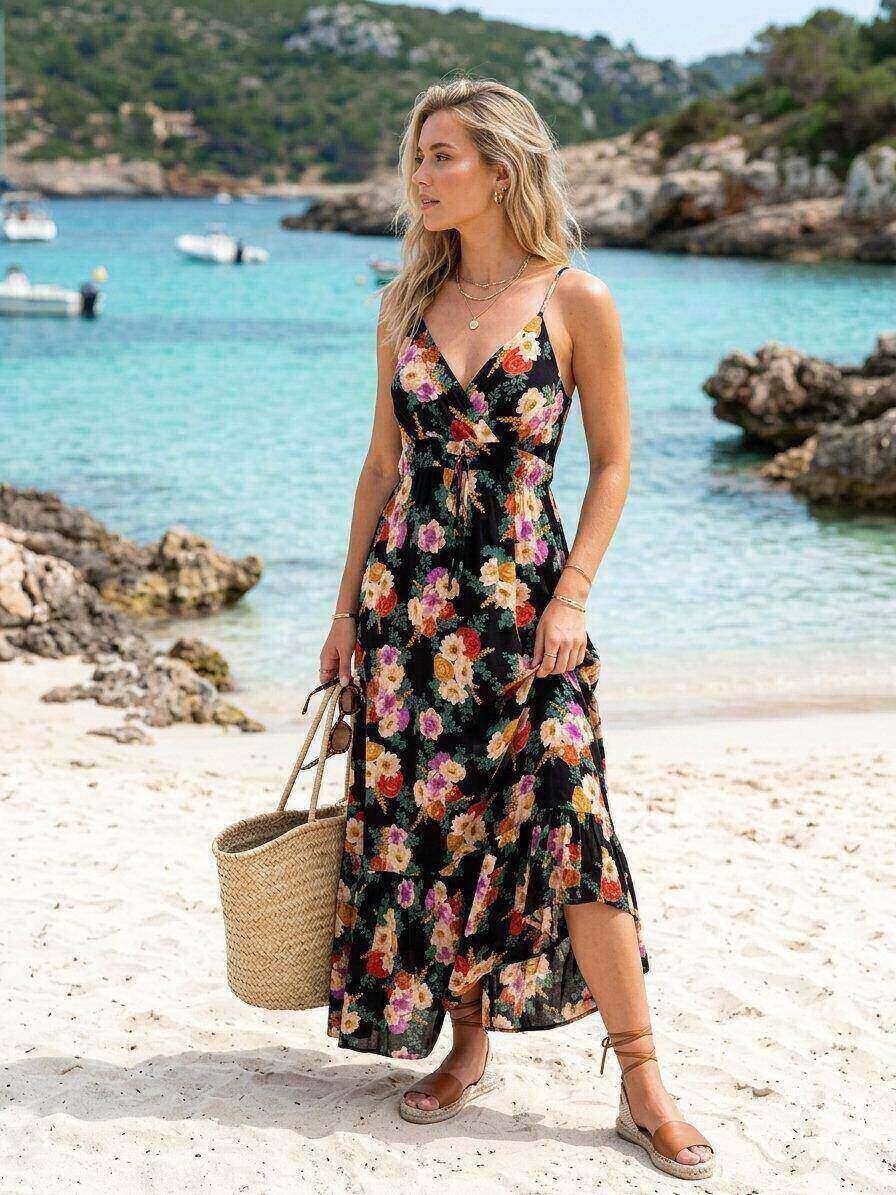 Grossiste M&D FASHION - Robe longue à fleurs avec bretelles fines