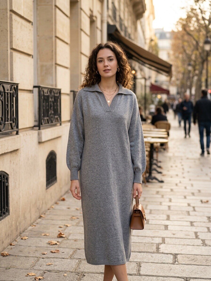 【M】French Sleeve Polo Long Dress Knit dress with polo collar | Paris Fashion Shops