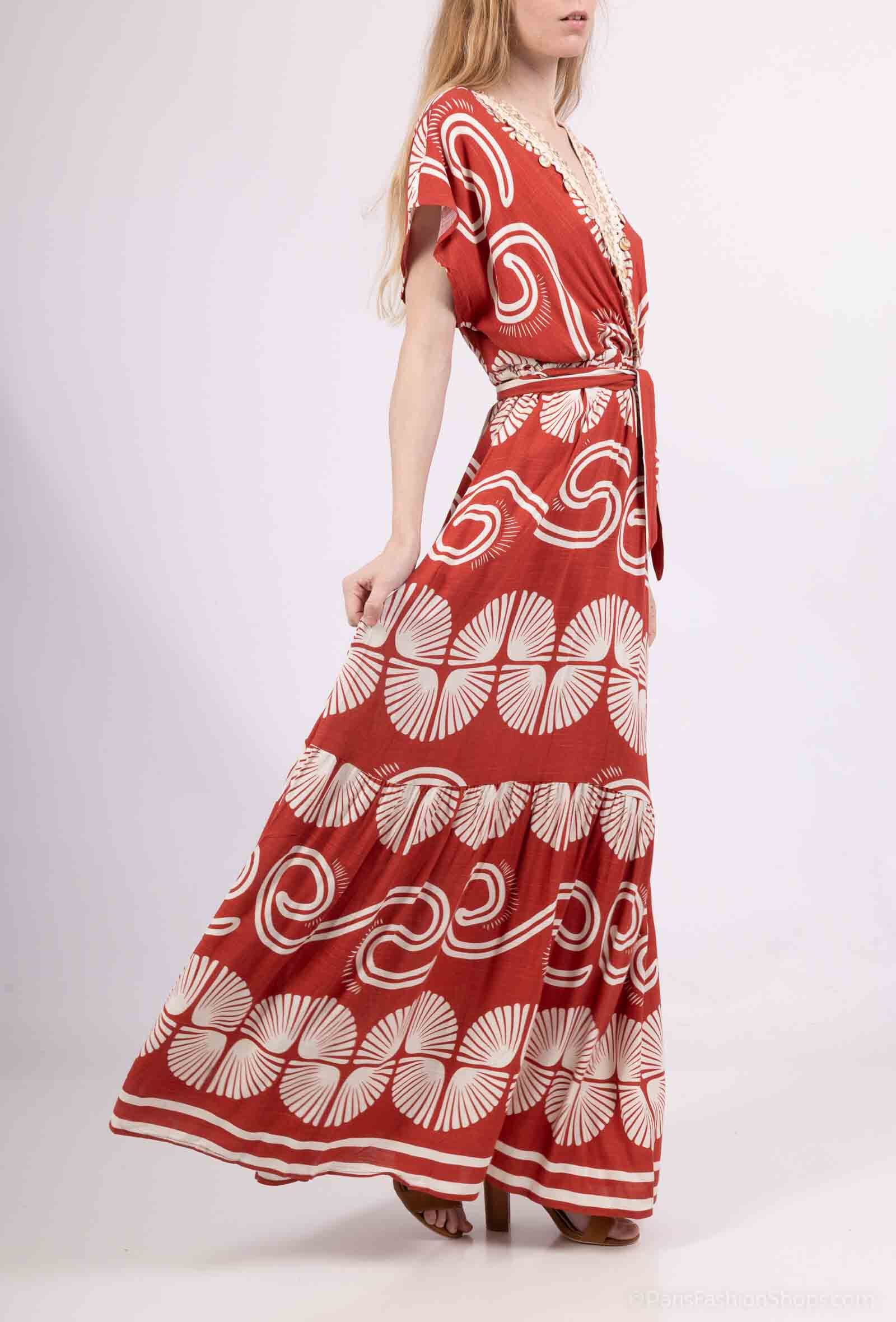 Wholesaler M&D FASHION - Long Bohemian print dress with lace and shells